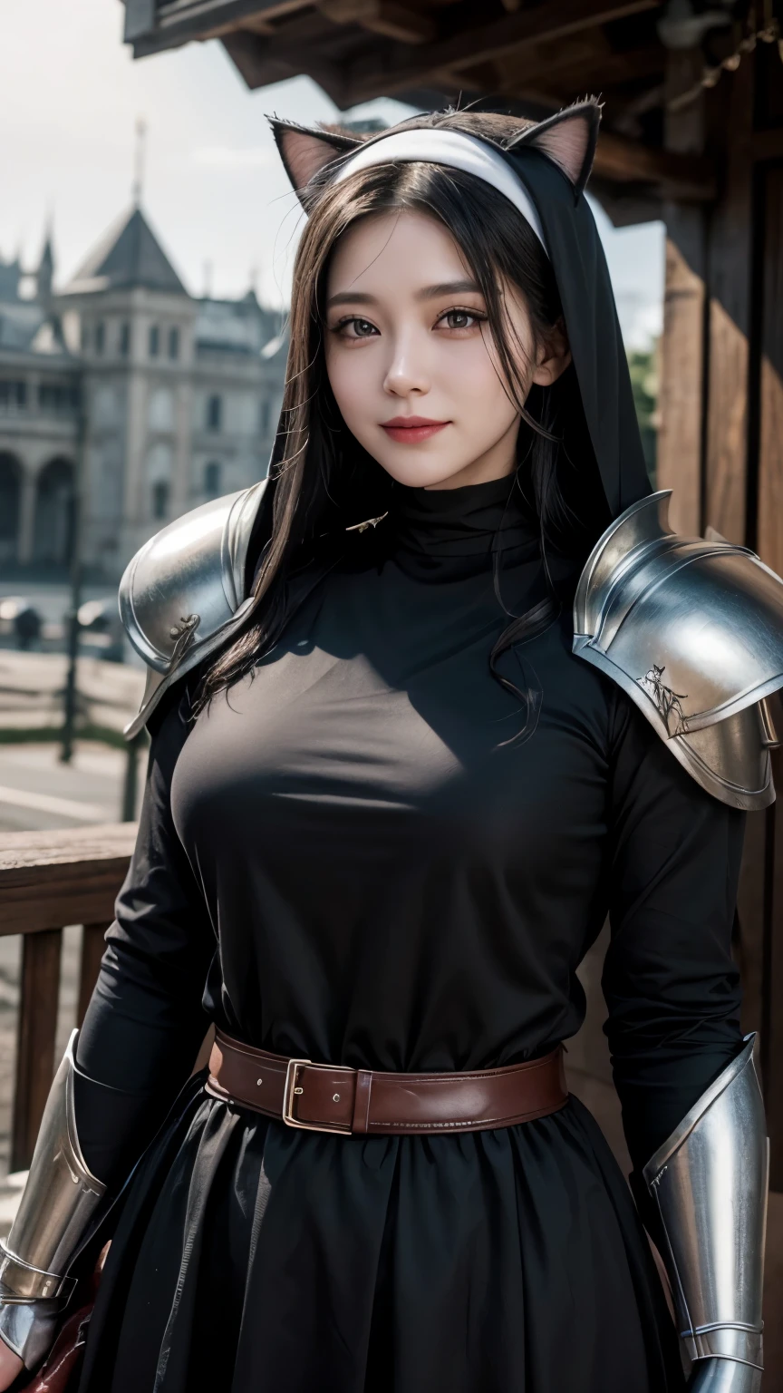 Masterpiece, 1 Beautiful Girl, Detailed, Swollen Eyes, Top Quality, Ultra High Resolution, (Reality: 1.4), Original Photo, 1Girl, Cinematic Lighting, Smiling, Japanese, Asian Beauty, Korean, Clean, Super Beautiful, Young Face, Beautiful Skin, Slender, Cyberpunk Background, (ultra realistic), (high resolution), (8K), (very detailed), (best illustration), (beautifully detailed eyes), (super detailed), (wallpaper), (detailed face), viewer looking, fine detail, detailed face, pureerosfaceace_v1, smiling, 46 point slanted bangs, looking straight ahead, neat black clothes, black colored eyes, silver armor, medieval western armor, short navy blue skirt, hair color vivid red, body facing forward,