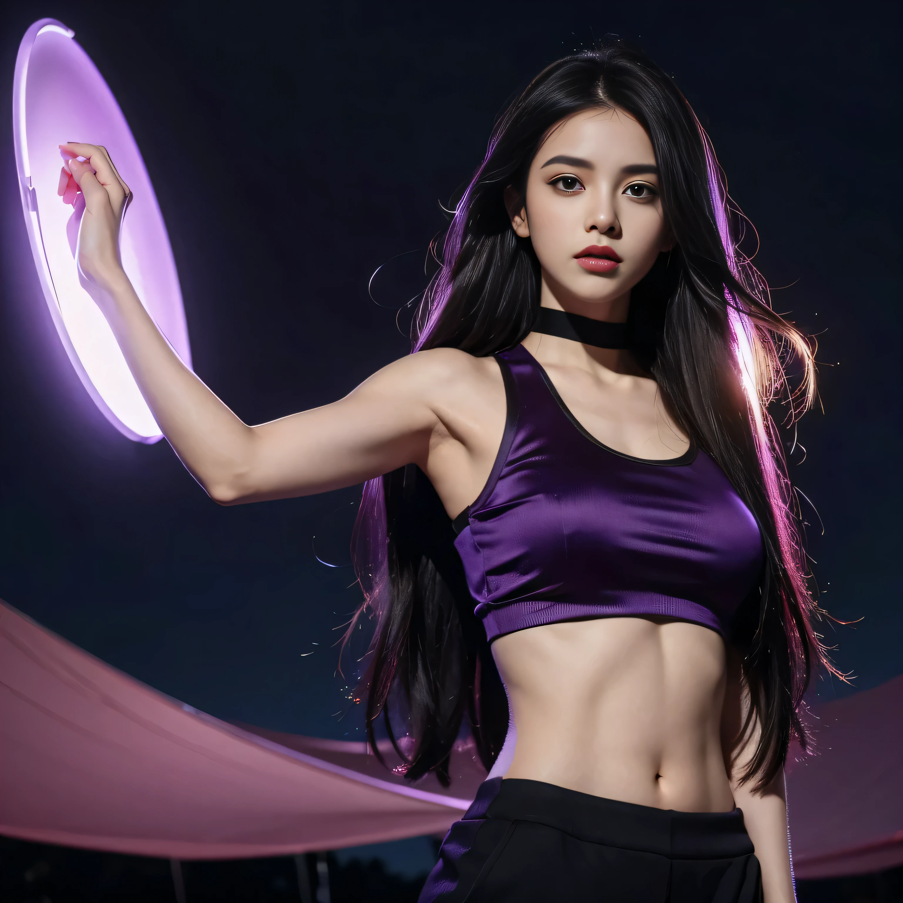 a woman with long hair wearing a purple crop top, night time, dark night