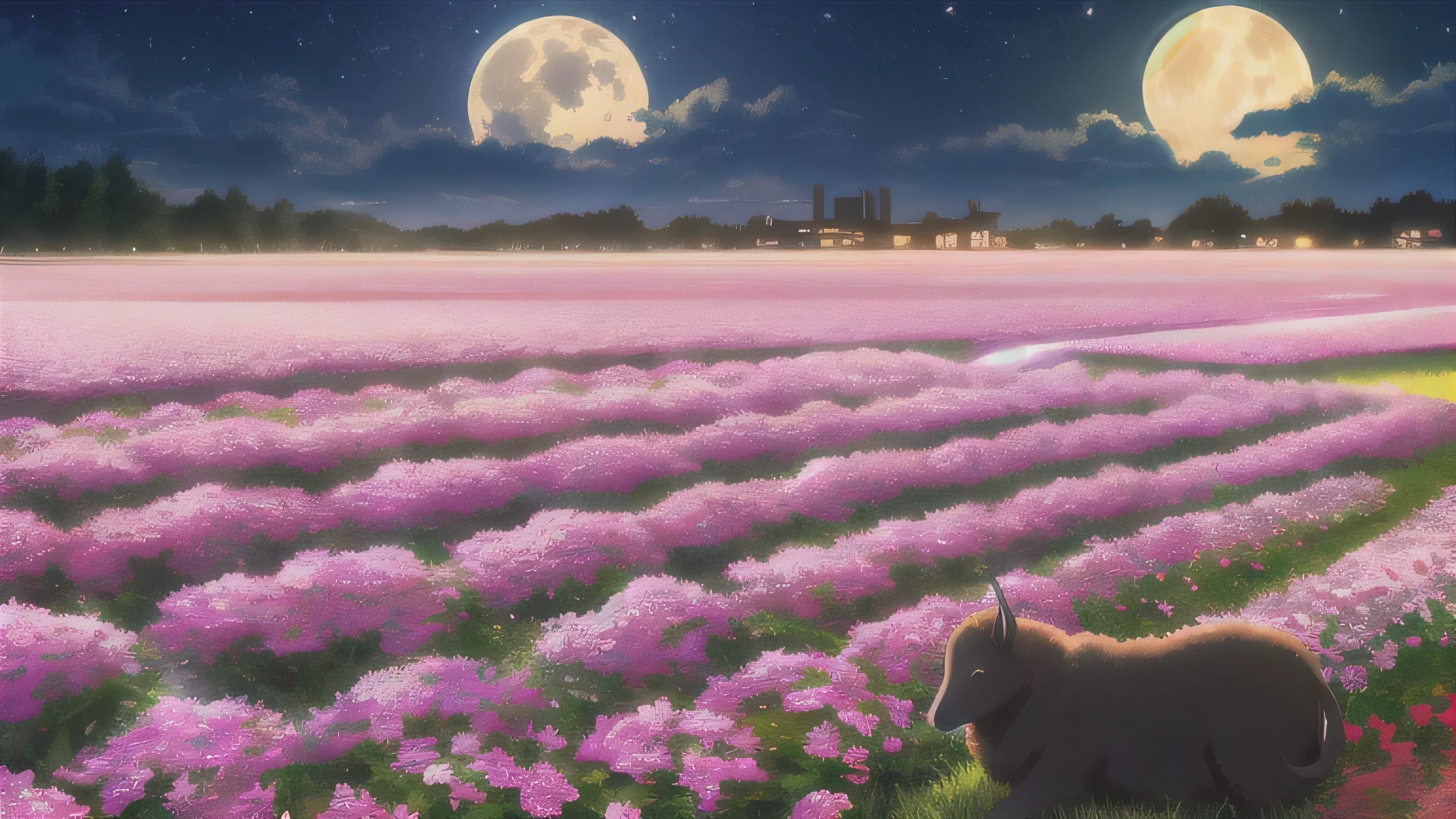 full moon、Bright city、Black sheep sleeping in a flower field