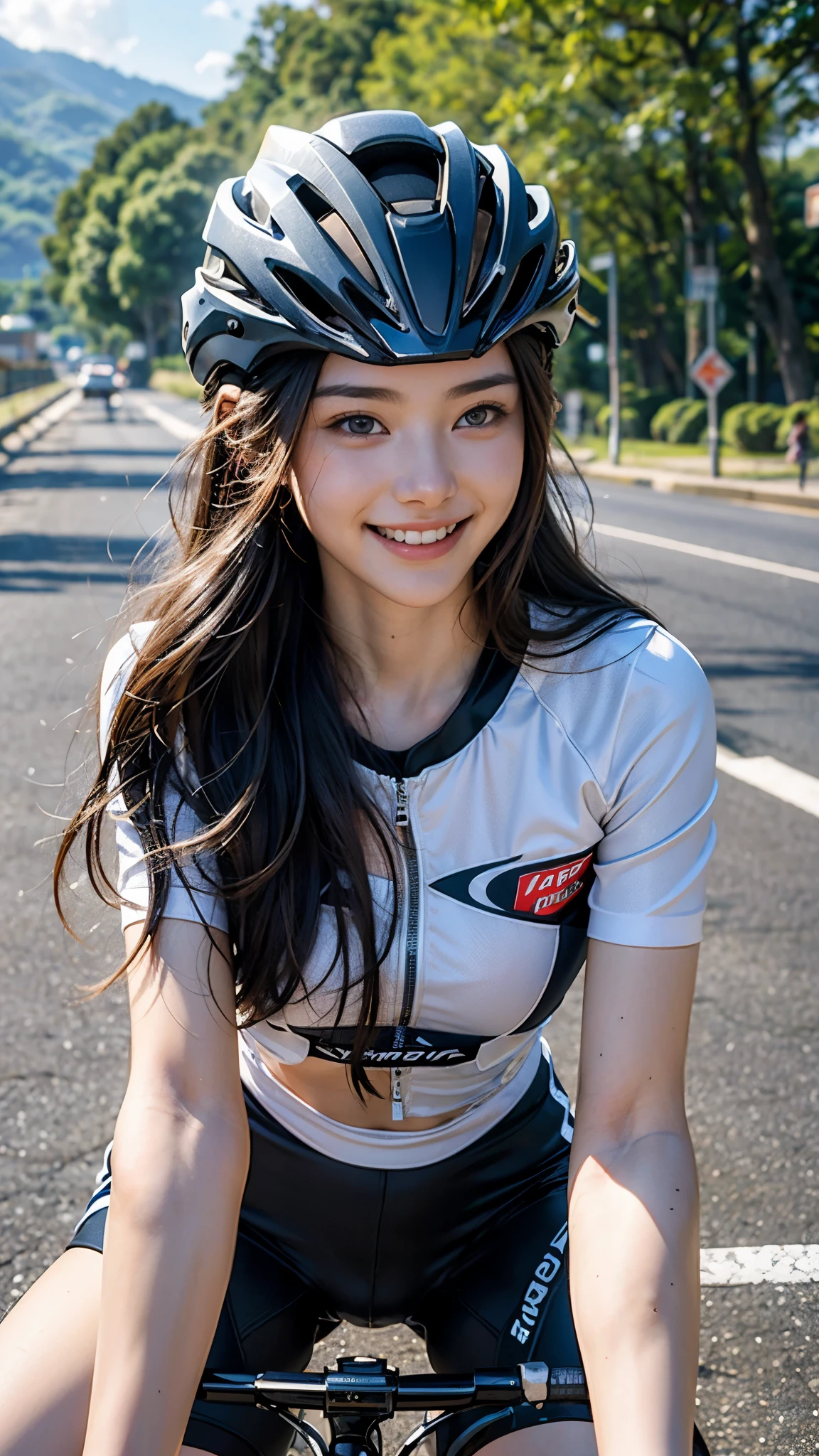 highest quality, masterpiece, Ultra-high resolution, (Realistic:1.4),Cloudy weather, (Close-up portrait) RAW Photos, 1 girl,20-year-old,((Yokohama Triathlon)),((Road bike section)),((Speed)),((Riding hard on a road bike)),((Triathlon Championships)),Bun Hair,((Helmet and eyewear)),((Straight long hair)),Realistic,)),((Smiling with teeth showing)),((Big smile))