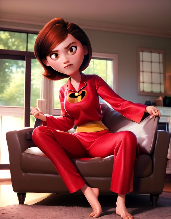 ((best quality)), ((highly detailed)), high colourful, masterpiece, absurdres, (detailed eyes, deep eyes), (1girl), full body}, helenparr, brown hair, brown eyes, shy, pajamas , pajamas pants, (indoors, in living room, night), sitting on sofa, Under view, lean back,