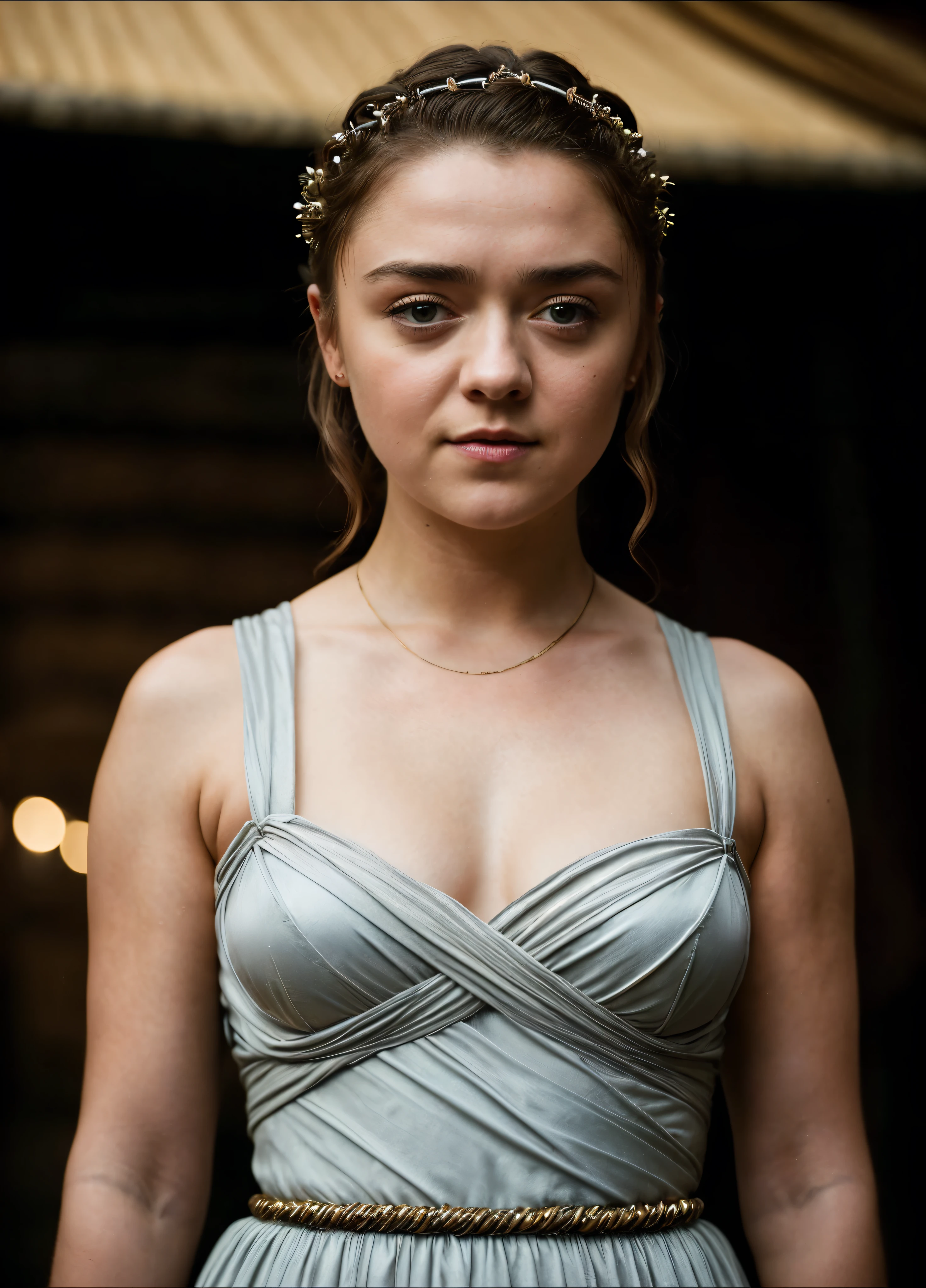 Foto RAW, Arya Stark, Extremely gorgeous lady, Arya Stark PLAYED BY MAISIE WILLIAMS, Queen Arya Stark, she a mature woman now, milf, sexy mediaeval battle dress, gladiator woman, body, 40 years old Woman, Roman slave dress, cotton dress, busty mediaeval costumes, body revealing costumes, perky breast, big natural breast, erotic costumes, lusty physique, seductive figure can capture every people's attention, Game of thrones costumes, revealing captivating figure, Mediaeval costumes, revealing clothes, A tomboy, she would rather fence than dance, warrior queen , game of thrones screen caps, Game of Thrones Series, (pele altamente detalhada: 1.2), 8k UHD, DSLR, soft-lighting, alta qualidade, grain of film, Fujifilm XT3, flawless picture, highly detailed, detailed Beauty, intricate, 32k, sharp picture,
