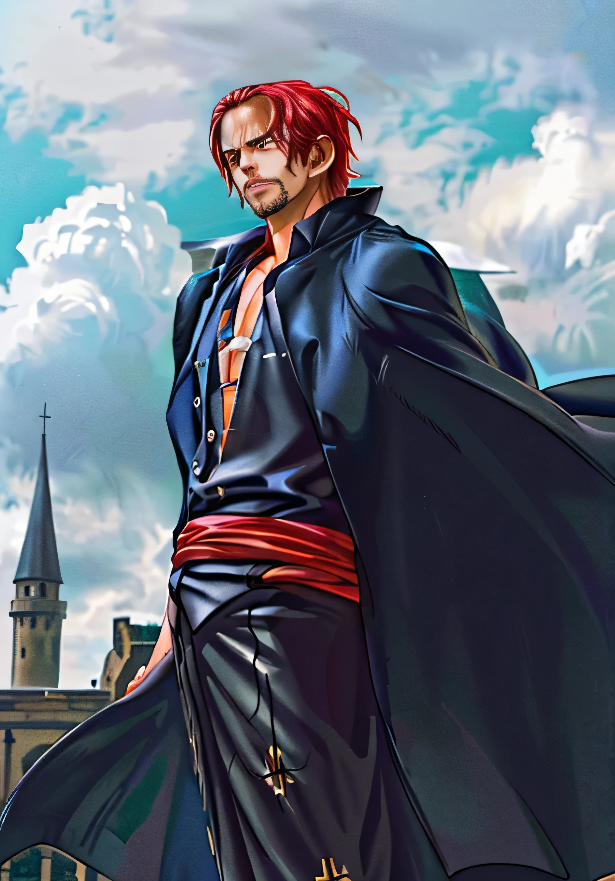 Create a masterpiece of the highest quality, featuring the recognizably charismatic Shanks from One Piece. He should be captured in a dynamic pose that exudes his adventurous spirit. Key features include his vibrant red hair and the iconic scars marring his face. Shanks should be depicted as one-armed, in a way that emphasizes the essence of his character. His hair is short but intricately detailed. Dress him in an unbuttoned black collared shirt that hints at his powerful chest muscles, with trousers, a cloak draped elegantly over his shoulders, and his coat casually flung on top – all indicative of his free-spirited nature. The facial hair is to be rendered with attention to detail, contributing to his rugged allure. The background should portray a rugged stone castle against a tumultuous stormy sky, setting the stage for an epic narrative.