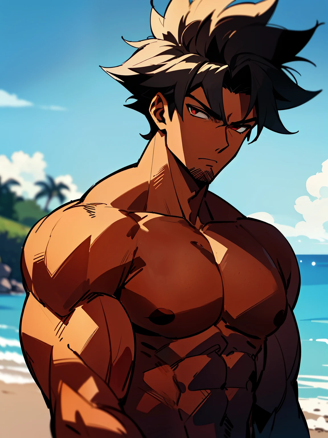 ((handsome men)), ((beach)), ((day)), ((red eyes)), ((jet black hair)), ((ninja)), ((clear skin)), ((serious expression)), ((shinobi clothing)), ((muscular male), ((shirtless)), ((topless)), ((body full of huge muscles)) (((complementary colors))), ((mature male)), 1boy, beautifully drawn, high resolution illustration, best quality, High definition, ((detailed anime sketch)), Masterpiece, (solo), absurdres, portrait, ((full body)), ((wild hair)), detailed background, fine detail, male focus, HDR, ((short hair))
