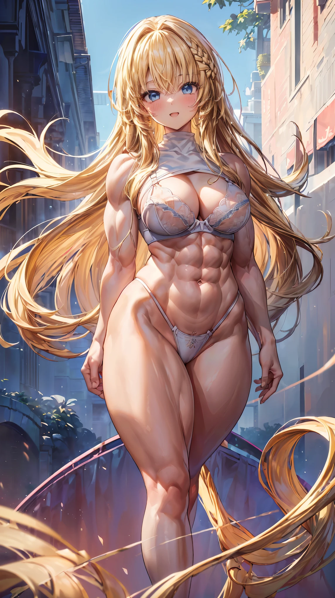 Very detailed、highest quality、Best image quality、masterpiece、8k、Anime Face、A kind smile、(Open your mouth:1.3)、Sparkling blue eyes、(Blonde semi-long hair:1.5)、(Muscles of the whole body:1.3)、(highleg:2.0)、Thigh belt、(Upper body photo:1.5)、(SFW Giant)、(Thick body:1.2)、(bra:1.5)、(sxspnts)
