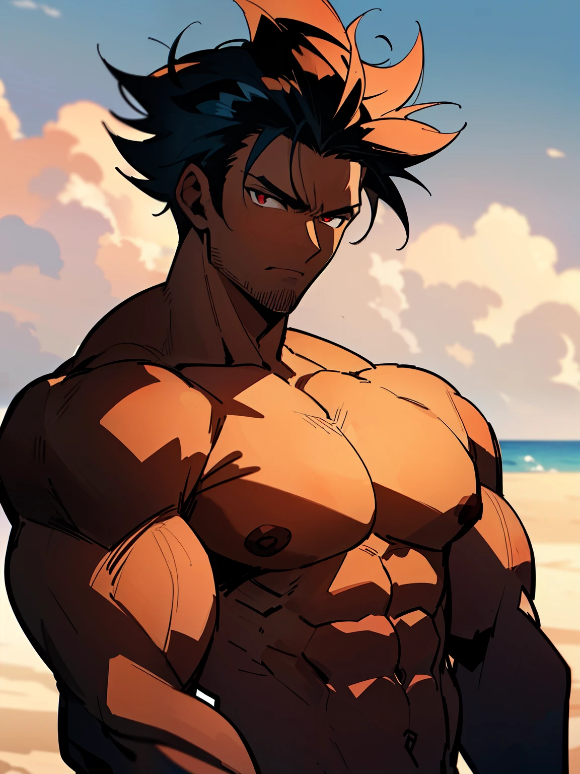 ((handsome men)), ((beach)), ((day)), ((red eyes)), ((jet black hair)), ((ninja)), ((clear skin)), ((serious expression)), ((shinobi clothing)), ((muscular male), ((shirtless)), ((topless)), ((body full of huge muscles)) (((complementary colors))), ((mature male)), 1boy, beautifully drawn, high resolution illustration, best quality, High definition, ((detailed anime sketch)), Masterpiece, (solo), absurdres, portrait, ((full body)), ((wild hair)), detailed background, fine detail, male focus, HDR, ((short hair))