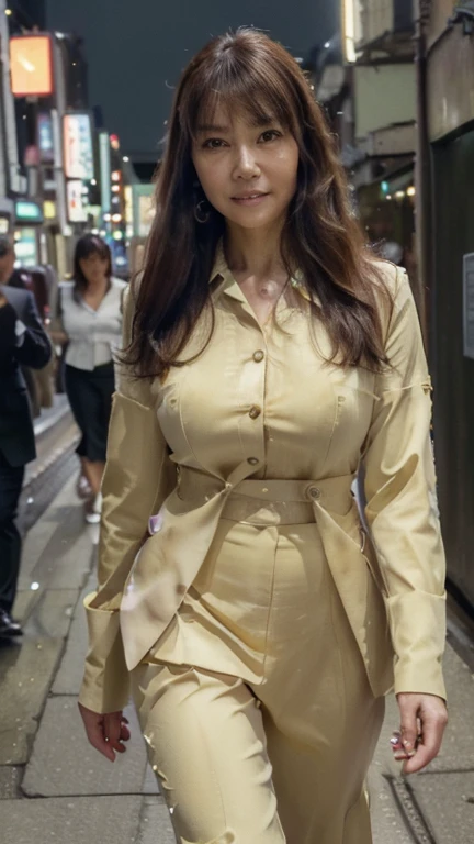 ((Top Quality)), ((8K)), ((Masterpiece: 1.3)), (Perfect Appearance), (Photorealism: 1.6), (Japanese Woman Walking in the Alley at the End of the Market), (Shinjuku Golden at Night City: 1.4), (Bar area: 1.2), (Precise background), Japanese mature woman, (60 years old), ((upright, front, center of screen)), ((realistic skin texture)), (fine wrinkles throughout the skin), (dullness of the skin), (moisture ( Wrinkles on the face), (wrinkles at the corners of the eyes), double eyelids, tear bags on the lower eyelids, eyes turned towards you, a smile with the corners of the mouth raised wide, short bangs, straight medium hair, long hair, hair blowing in the wind, (Business suit: 1.4), (long skirts), (full body portrait: 1.4),