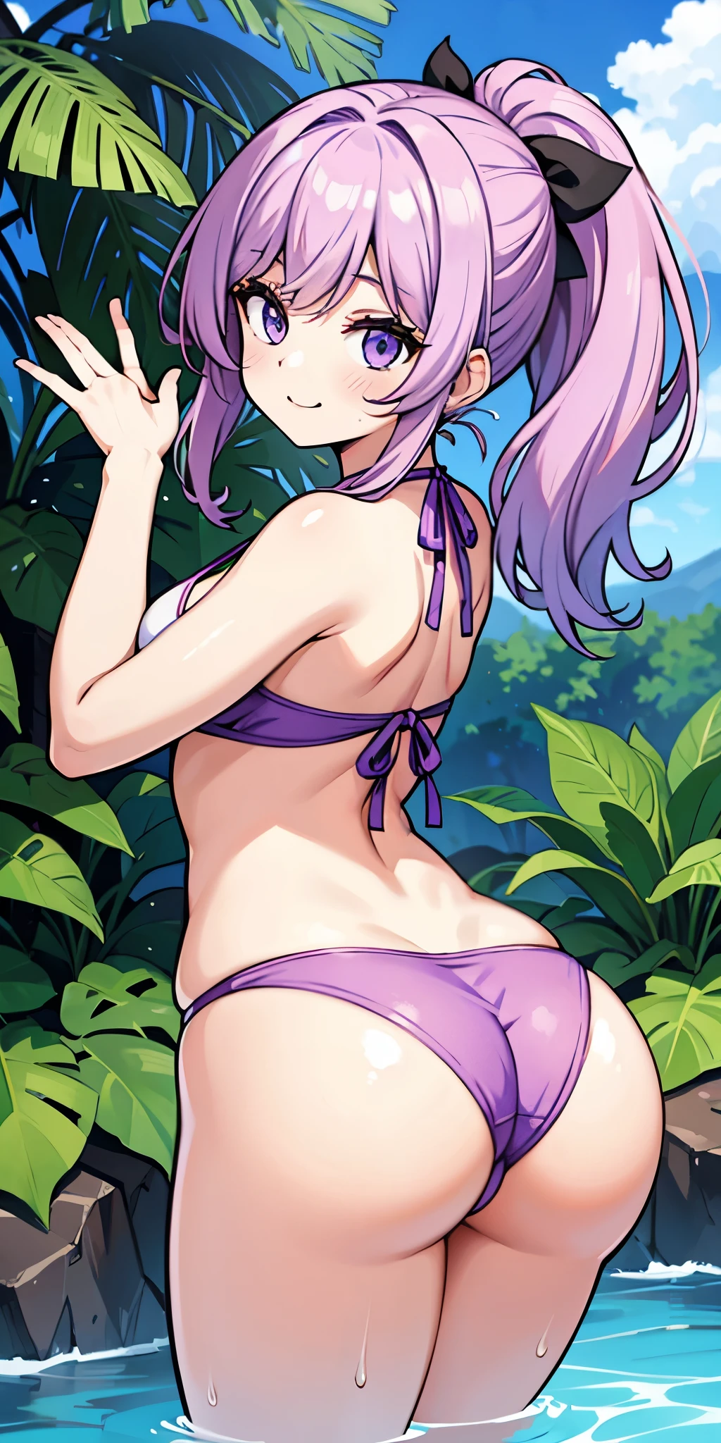 cheveux violets, style à le personnage Crunchyroll, with white bottom in bikini is seen on her last with a big butt