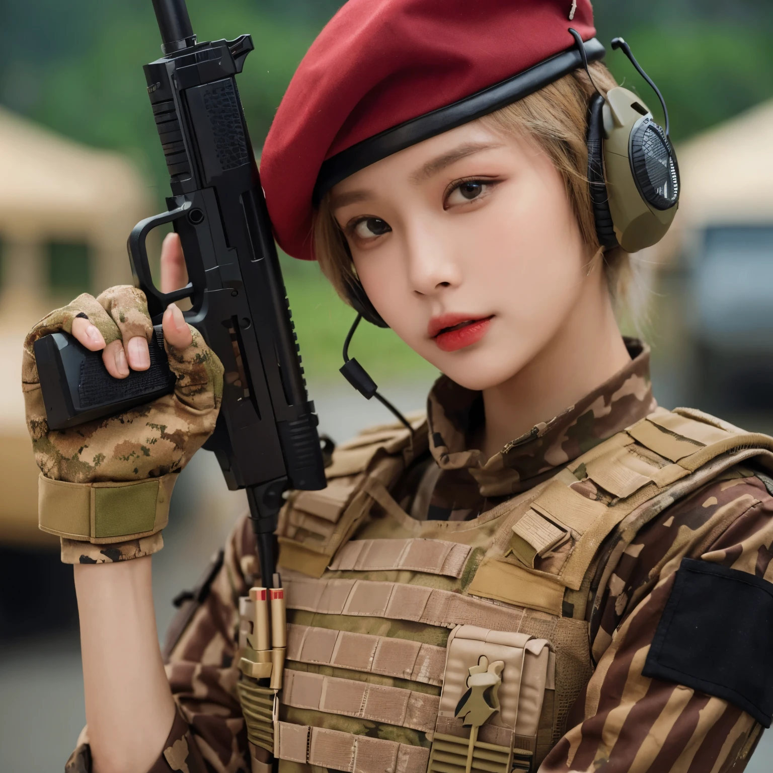 a female soldier, short blonde hair, wearing brown camouflage army clothes, wearing a red beret, wearing a bulletproof vest, wearing a headset, wearing army gloves, her face looks like an Asian woman, posing elegantly, in the background in the combat training area, (perfect fingers), ((make up)), high quality, realistic, ultra HD, Ultra-fine, HD, HD, HD picture quality, detail, 18k ultra HD resolution, top effects, masterpiece, Half-length photos.