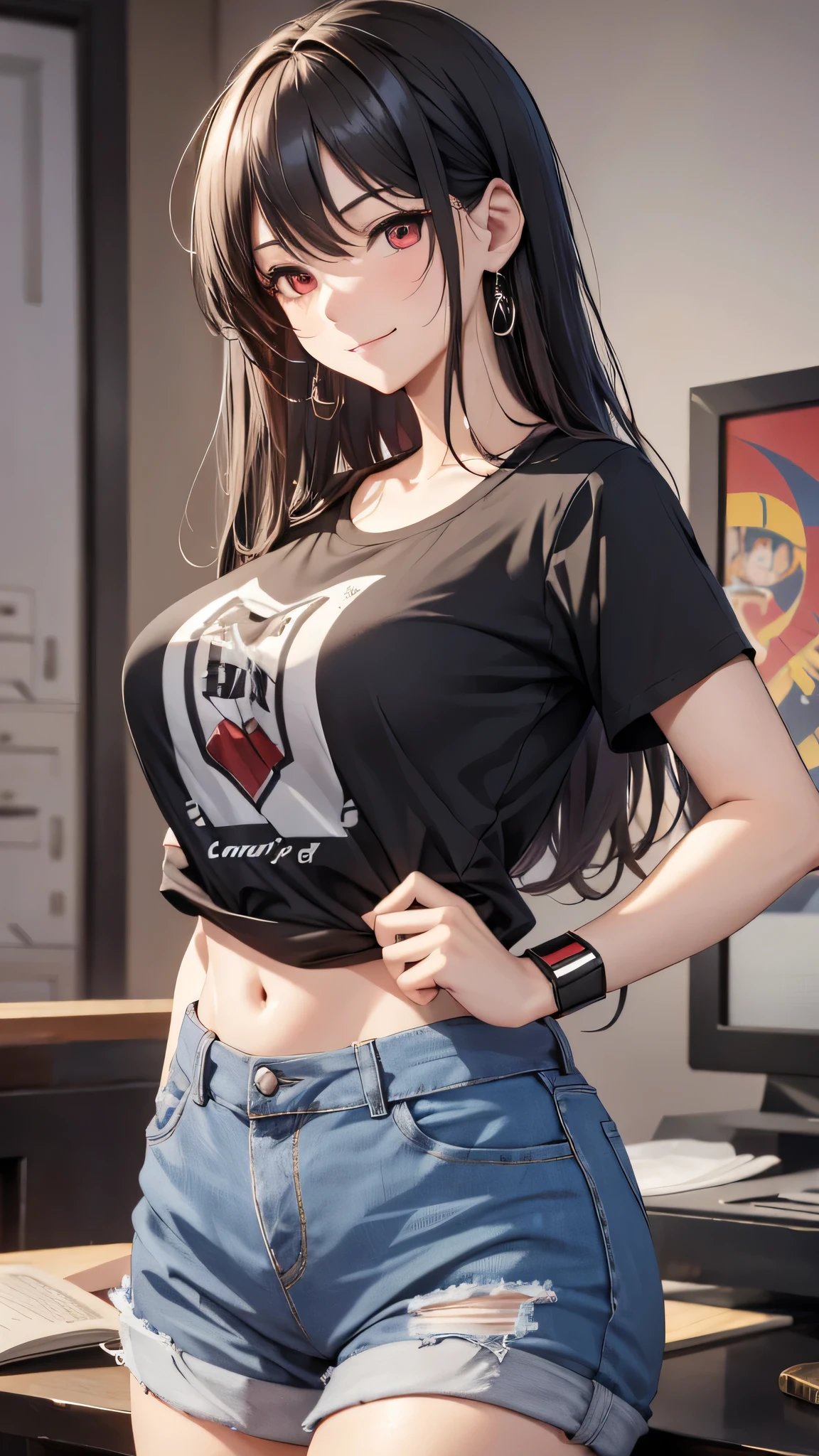 最high quality、Best image quality、masterpiece、girl((18-year-old、 By becoming、Best Bust、Medium Bust,Wide open breast tea、Red glowing eyes,Black Hair、Red Mesh、Disheveled Hair、Lointail、thin,The highest valley、Open chest、Luminous Wristbands、hair ornaments、Show the whole body,Black short sleeve T-shirt、Short denim trousers、Leaning forward、smile、Cool pose)),high quality、Beautiful art、background((model room))、Flight、Flying debris、Written boundary depth、movie、Visual Arts、Perfect art、8K,Genuine,