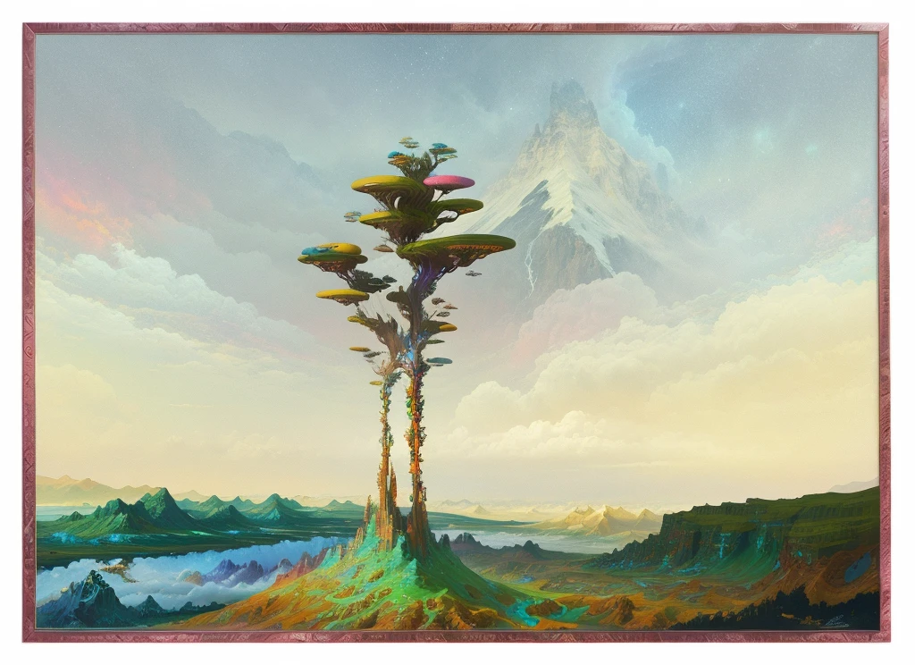 Close-up of a painting of a mountain against the sky, complex digital painting, Psychedelic clouds, Psychedelic surrealist art, Surreal psychedelic design, Highly detailed 4k digital art, Psychedelic Digital Art, Psychedelic illustration, Psychedelic art style, psychedelic work of art, detailed dream landscape, Fractal landscape, Psychedelic landscape, elaborate digital art, Sophisticated Digital Art, bizarre and psychedelic