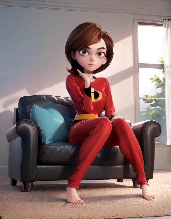((best quality)), ((highly detailed)), high colourful, masterpiece, absurdres, (detailed eyes, deep eyes), (1girl), full body}, helenparr, brown hair, brown eyes, shy, grey pajamas , pajamas pants, (indoors, in living room, night), sitting on sofa, Under view, lean back,