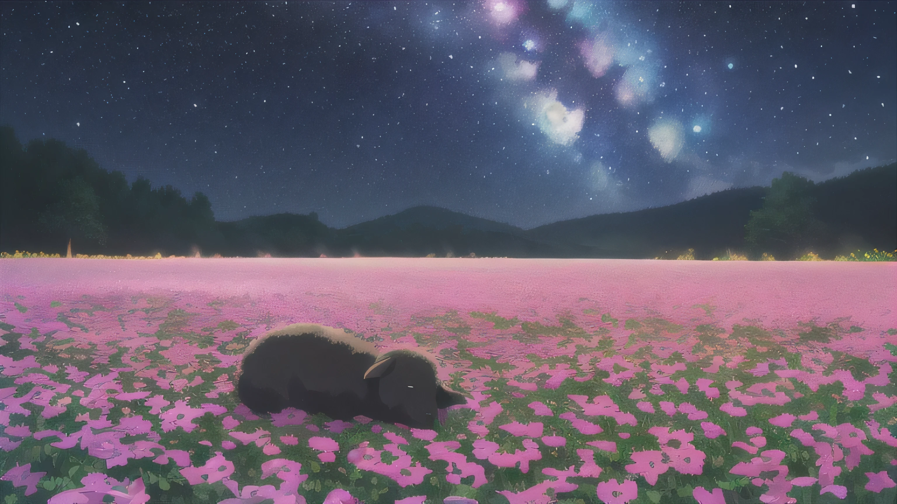 Night Sky、Black sheep sleeping in a flower field