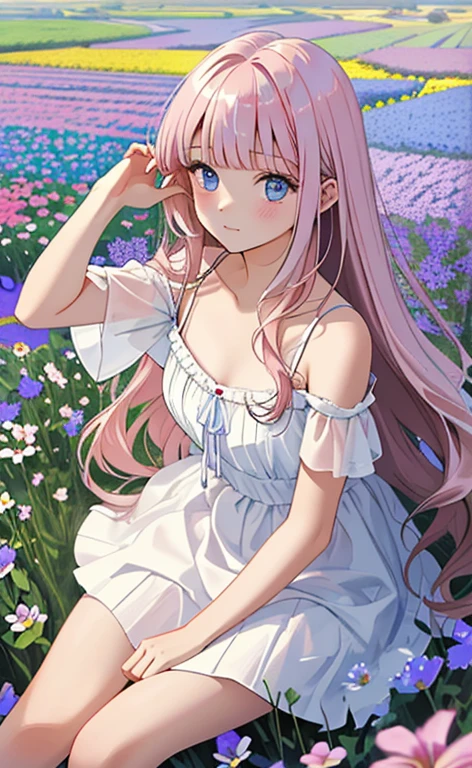 (masterpiece:1.4、top-quality、illustration:,realistic、)、(character focus、,cowboy shot:1.3)、(1girl),(clear face:1.3),(),cute face,blue eyes、(tareme:1.3)、(from above),
(lying in a flower field:1.4),(sitting:1.4)、(),、
(pink blonde　hair),(very long hair:1.5)、
,(Flower Field:1.3、),（white camisole dress:1.5),
(blunt bangs),(volumey,sidelocks,wavy hair:1.3), (small breasts)、
、slender、