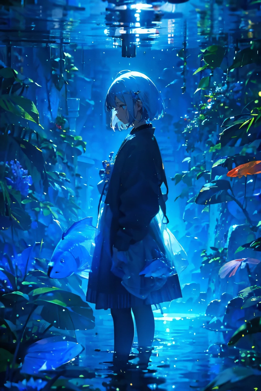 Anime girl in a blue dress standing in a pond of water - SeaArt AI