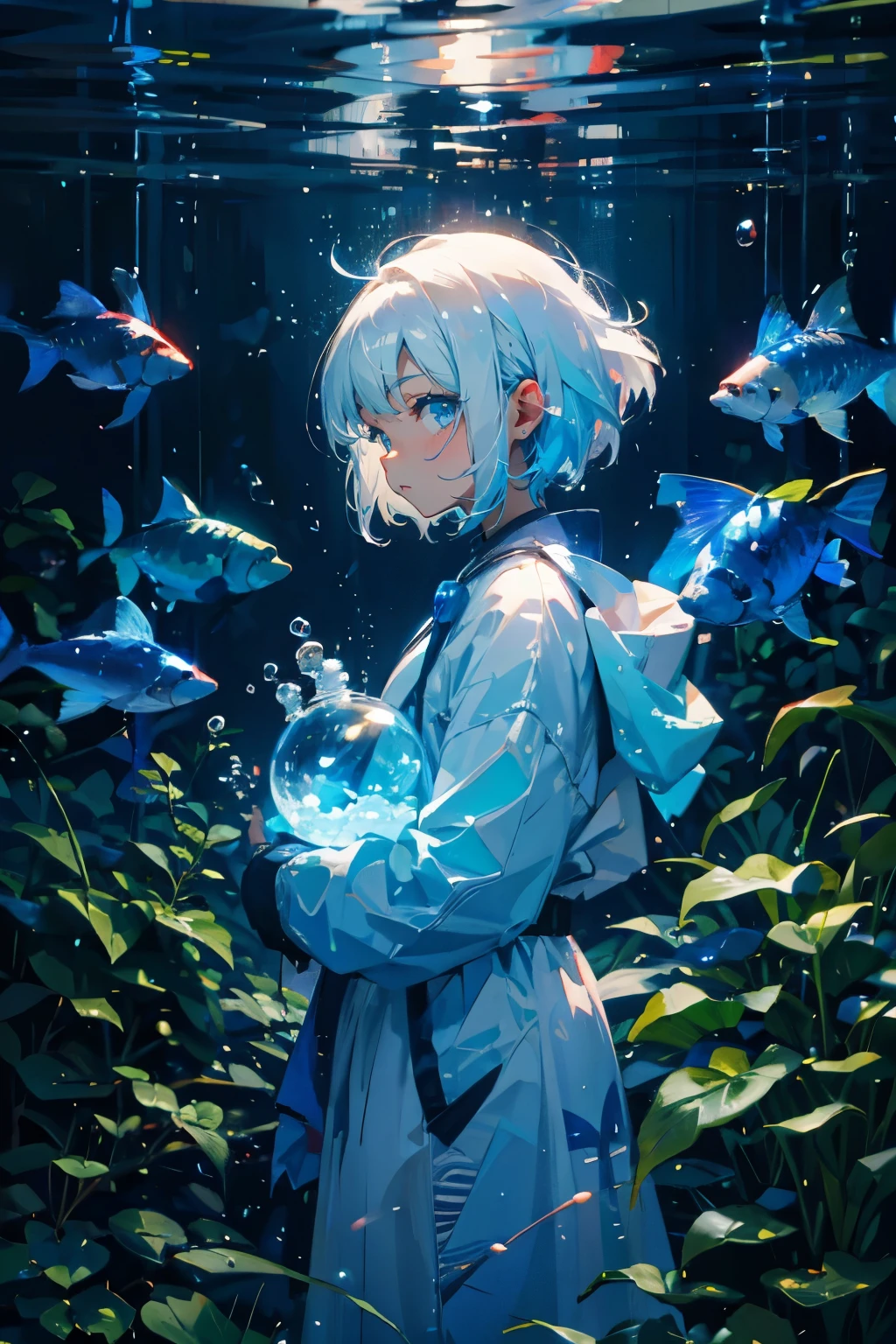 Girl with short white hair，Colorful bubbles，A plant，Glowing small fish，Sparkling，blue colors，Have by the sea，tmasterpiece，4k