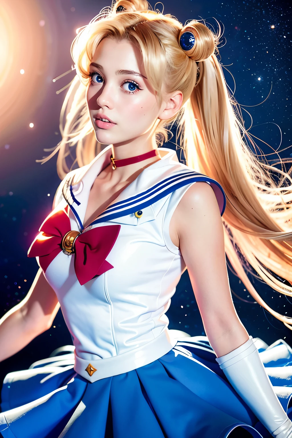 tsukino usagi, (Masterpiece:1.2), closeup, best quality, one girl with the cutte face, portrait of a blonde-haired young girl in zero gravity, sailor moon, abstract background, (beautiful extra detailed blonde hair:0.8), sailor moon uniform, blue skirt, elbow gloves, red bow, white gloves, pleated skirt，Center symmetrical composition，Axisymmetric composition，realistic，skin textures, correct anatomy