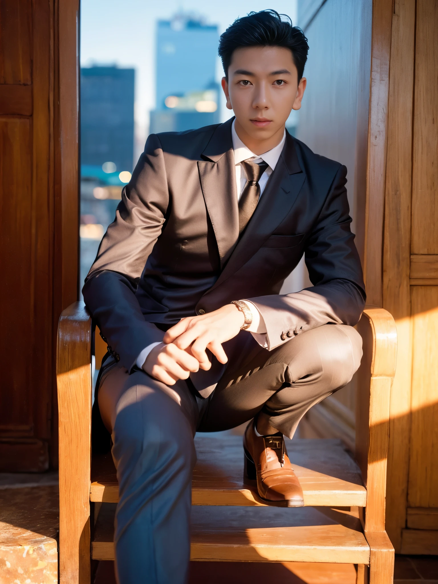 (best quality,4k,8k,highres,masterpiece:1.2), ultra-detailed, (realistic,photorealistic,photo-realistic:1.37), an asian young man, wearing a stylish and sophisticated gentleman suit, detailed eyes and face, charismatic smile, perfectly groomed facial hair, exquisite tailoring of the suit, shiny leather shoes, elegant posture, confident and refined demeanor, bustling city background, golden evening sunlight, vibrant colors, dramatic shadows, atmospheric lighting, cinematic composition.