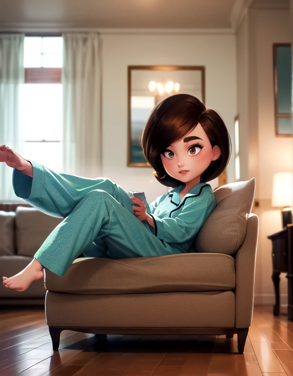 ((best quality)), ((highly detailed)), high colourful, masterpiece, absurdres, (detailed eyes, deep eyes), (1girl), full body}, helenparr, brown hair, brown eyes, shy, grey pajamas , pajamas pants, (indoors, in living room, night), sitting on sofa, Under view, lean back,