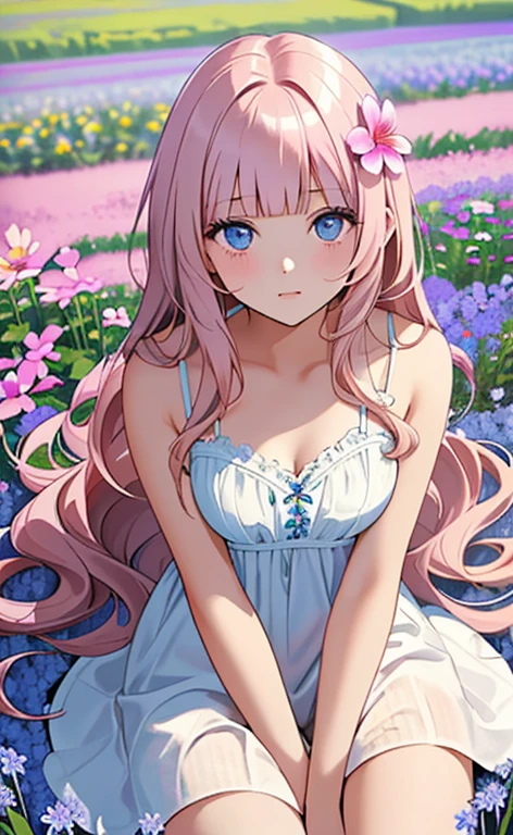 (masterpiece:1.4、top-quality、illustration:,realistic、)、(character focus、,cowboy shot:1.3)、(1girl),(clear face:1.3),(),cute face,blue eyes、(tareme:1.3)、(from above),
(lying in a flower field:1.4),(sitting:1.4)、(),、
(pink blonde hair),(very long hair:1.5)、
,(Flower Field:1.3、),(white camisole dress:1.5),
(blunt bangs),(volumey,sidelocks,wavy hair:1.3), (small breasts)、
、slender、