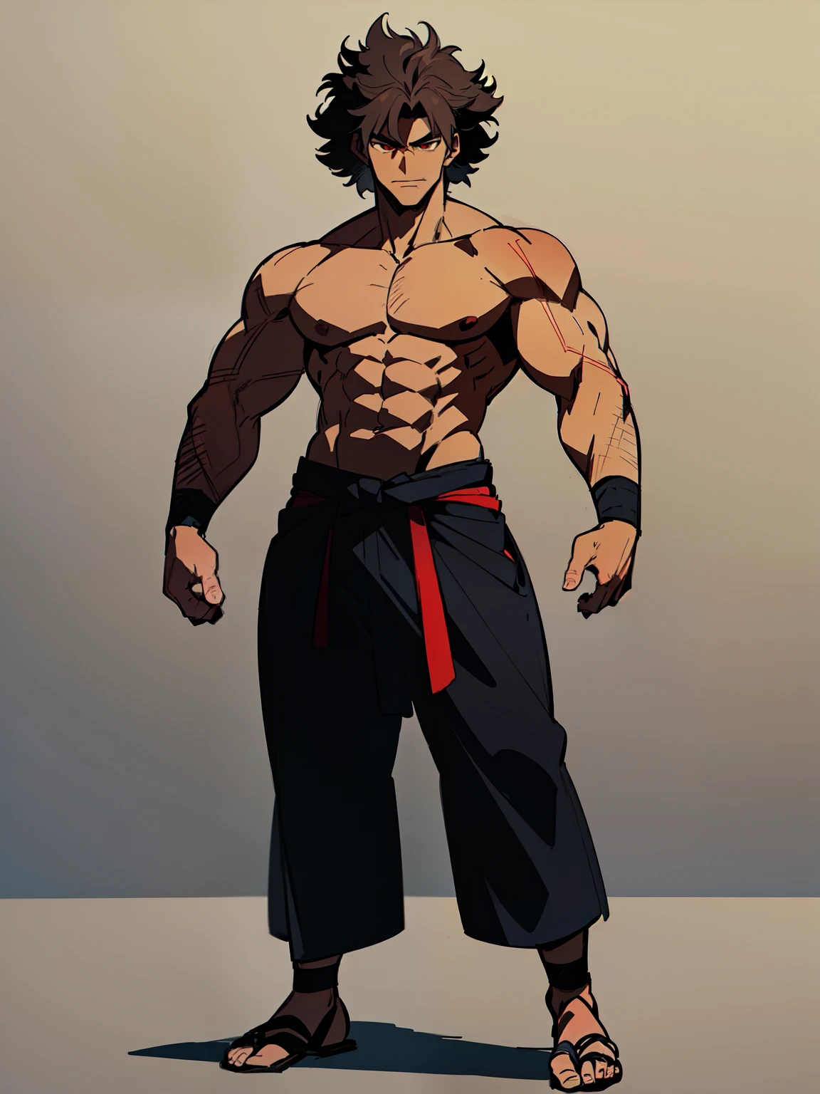 ((handsome men)), ((beach)), ((day)), ((red eyes)), ((jet black hair)), ((ninja)), ((clear skin)), Caucasian friendly smile, ((serious expression)), ((shinobi clothing)), ((muscular male), ((shirtless)), ((topless)), ((body full of huge muscles)) (((complementary colors))), ((mature male)), 1boy, beautifully drawn, high resolution illustration, best quality, High definition, ((detailed anime sketch)), Masterpiece, (solo), absurdres, portrait, ((full body)), ((wild hair)), detailed background, fine detail, male focus, HDR, ((short hair))