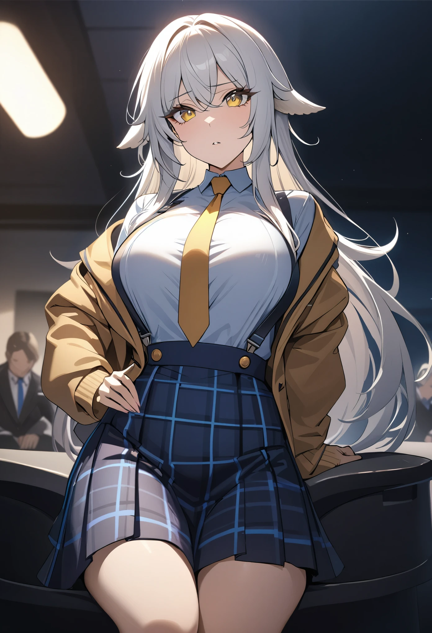 vibrant colors, girl, masterpiece, sharp focus, best quality, depth of field, cinematic lighting, mature female, making a keep quiet hand, sitting, folded dog ears, jacket, thick eyelashes, visible shoulder, blue pleated skirt, visible suspender skirt, JK blue plaid suspender uniform skirt, white hair, long hair, yellow eyes, necktie, office outfit, from above