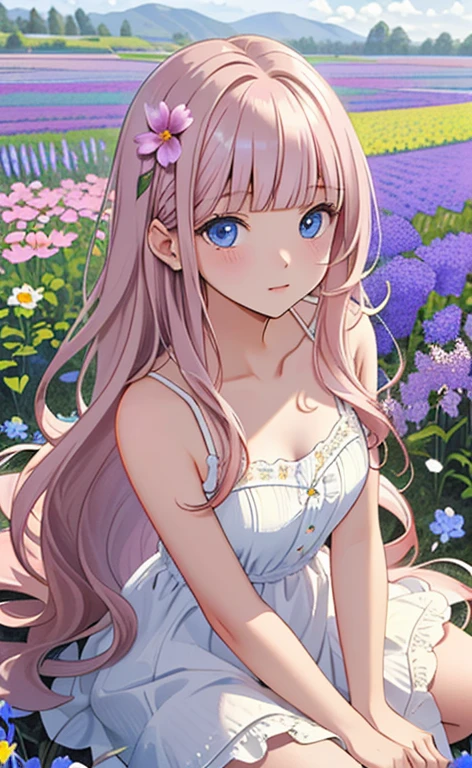 (masterpiece:1.4、top-quality、illustration:,realistic、)、(character focus、,cowboy shot:1.3)、(1girl),(clear face:1.3),(),cute face,blue eyes、(tareme:1.3)、(from above),
(lying in a flower field:1.4),(sitting:1.4)、(),、
(pink blonde hair),(very long hair:1.5)、
,(Flower Field:1.3、),(white camisole dress:1.5),
(blunt bangs),(volumey,sidelocks,wavy hair:1.3), (small breasts)、
、slender、