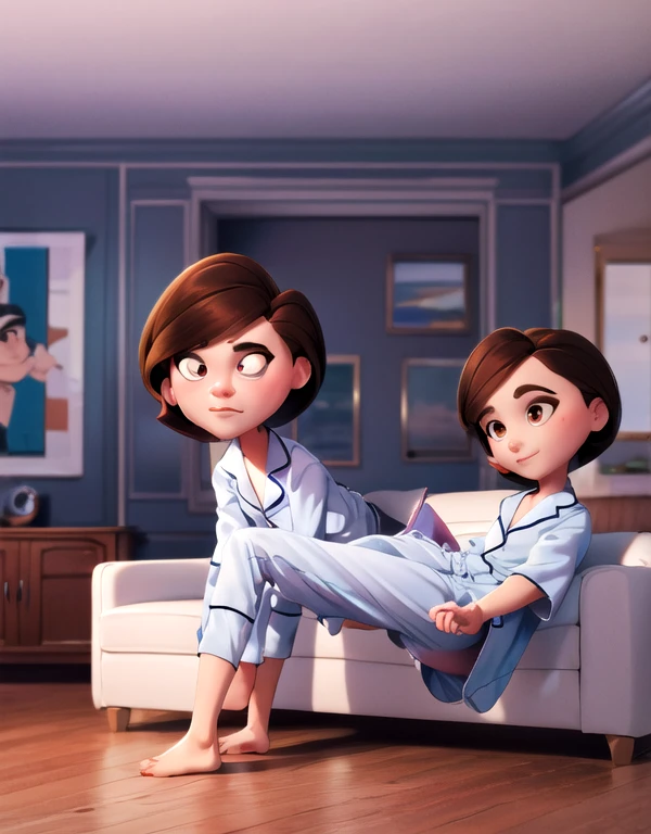 ((best quality)), ((highly detailed)), high colourful, masterpiece, absurdres, (detailed eyes, deep eyes), (1girl), full body}, helenparr, brown hair, brown eyes, shy, grey pajamas , pajamas pants, (indoors, in living room, night), sitting on sofa, Under view, lean back,