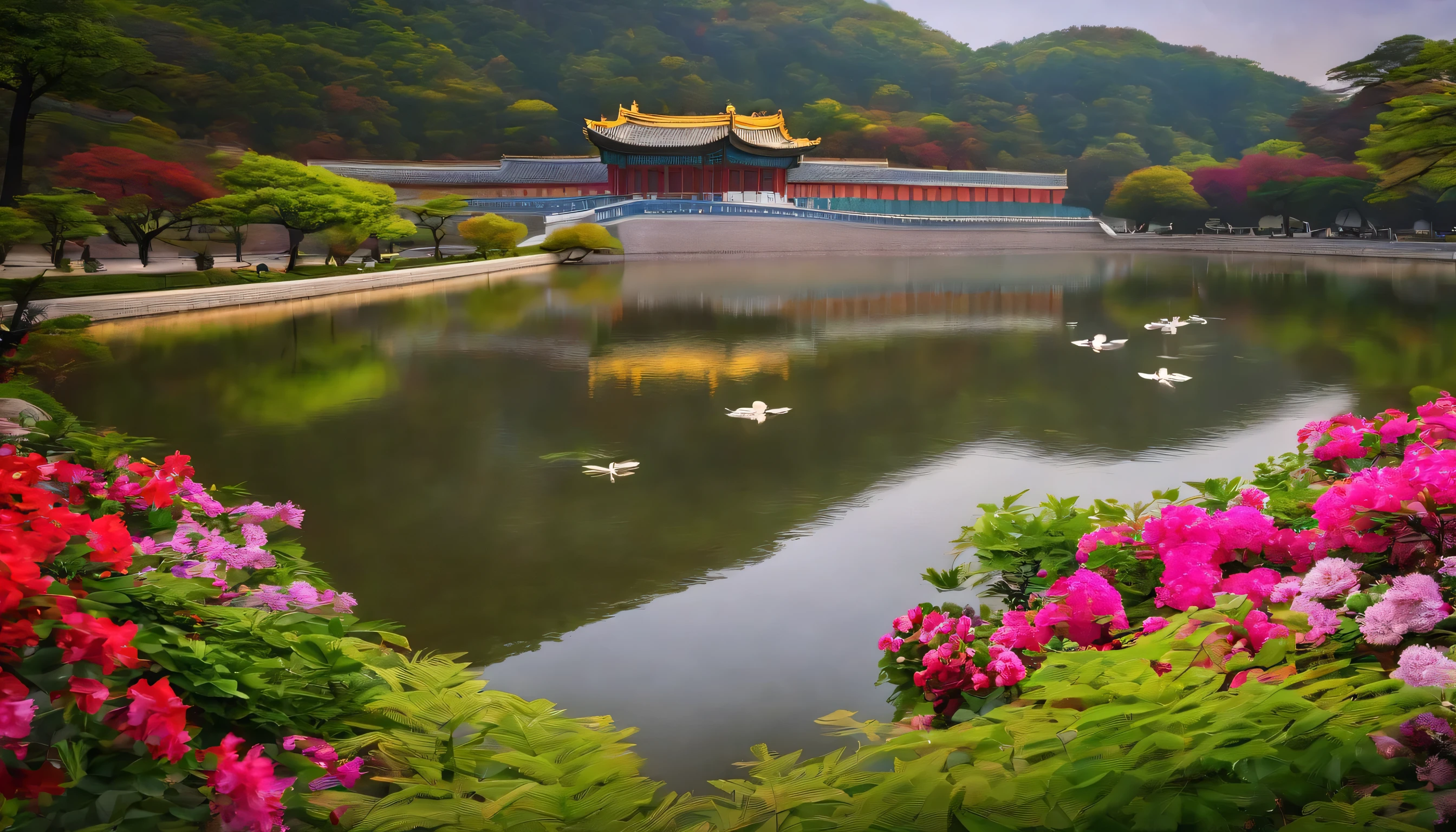South Korea royal palace Vast scale No people Photo style Realistic Colorful Flowers are blooming There is also a pond