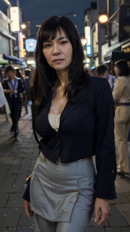 ((Top Quality)), ((8K)), ((Masterpiece: 1.3)), (Perfect Appearance), (Photorealism: 1.6), (Japanese Woman Walking in the Alley at the End of the Market), (Shinjuku Golden at Night City: 1.4), (Bar area: 1.2), (Precise background), Japanese mature woman, (60 years old), ((upright, front, center of screen)), ((realistic skin texture)), (fine wrinkles throughout the skin), (dullness of the skin), (moisture ( Wrinkles on the face), (wrinkles at the corners of the eyes), double eyelids, tear bags on the lower eyelids, eyes turned towards you, a smile with the corners of the mouth raised wide, short bangs, straight medium hair, long hair, hair blowing in the wind, (Business suit: 1.4), (long skirts), (full body portrait: 1.4),