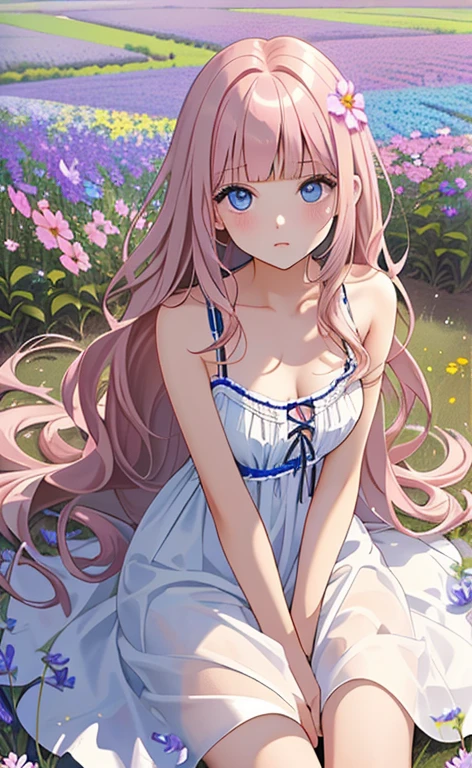 (masterpiece:1.4、top-quality、illustration:,realistic、)、(character focus、,cowboy shot:1.3)、(1girl),(clear face:1.3),(),cute face,blue eyes、(tareme:1.3)、(from above),
(lying in a flower field:1.4),(sitting、wariza:1.4)、(),、
(pink blonde hair),(very long hair:1.5)、
,(Flower Field:1.3、),(white camisole dress:1.5),
(blunt bangs),(volumey,sidelocks,wavy hair:1.3), (small breasts)、
、slender、