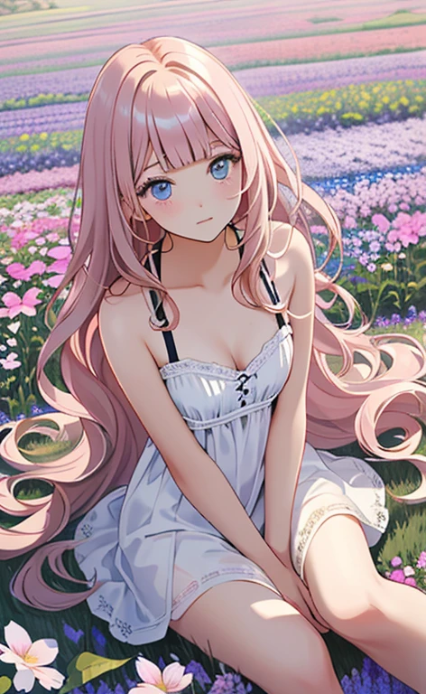 (masterpiece:1.4、top-quality、illustration:,realistic、)、(character focus、,cowboy shot:1.3)、(1girl),(clear face:1.3),(),cute face,blue eyes、(tareme:1.3)、(from above),
(lying in a flower field:1.4),(sitting、wariza:1.4)、(),、
(pink blonde　hair),(very long hair:1.5)、
,(Flower Field:1.3、),（white camisole dress:1.5),
(blunt bangs),(volumey,sidelocks,wavy hair:1.3), (small breasts)、
、slender、
