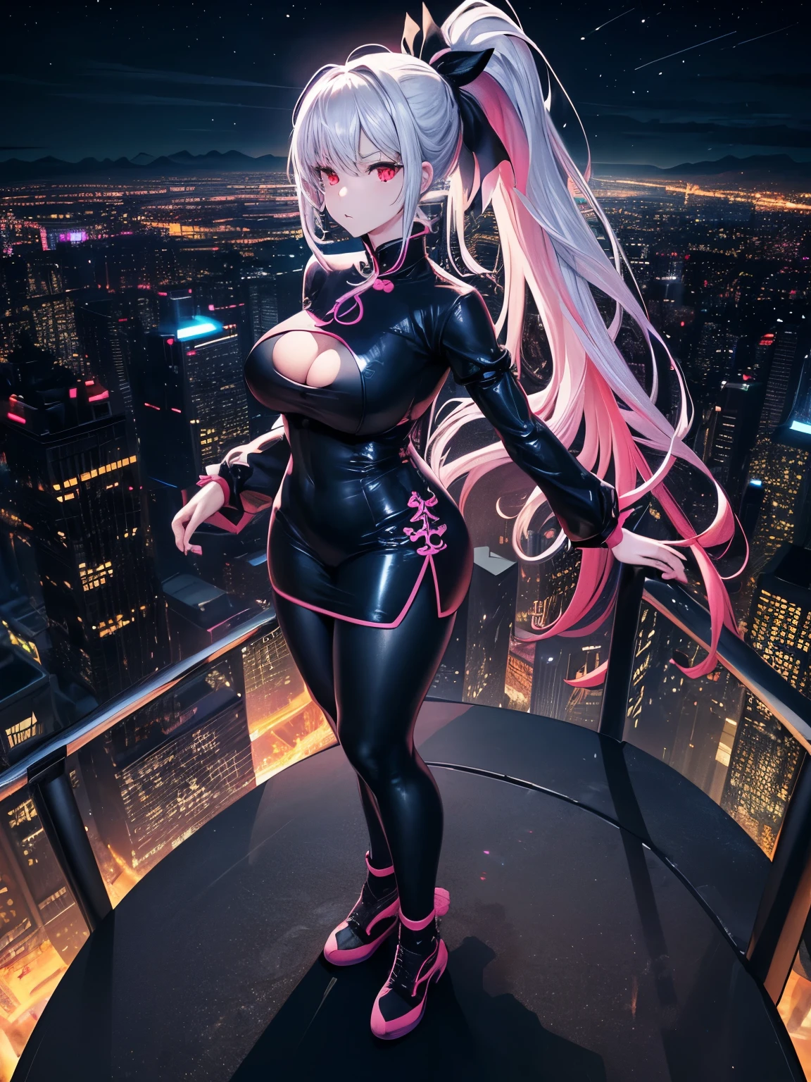 anime, (artwork, best quality, ultra-detailed, high contrast), 1 woman (Alone, full body, plus size body, standing on the edge of the skyscraper, silver hair, LONG In a ponytail, red eyes ruby sparkles, (simple black qipao, black cybernetics with neon pink), transparent black socks), (skyscraper roof, overlooking a city, detailed background ((night time, Darkness, low light pollution)))