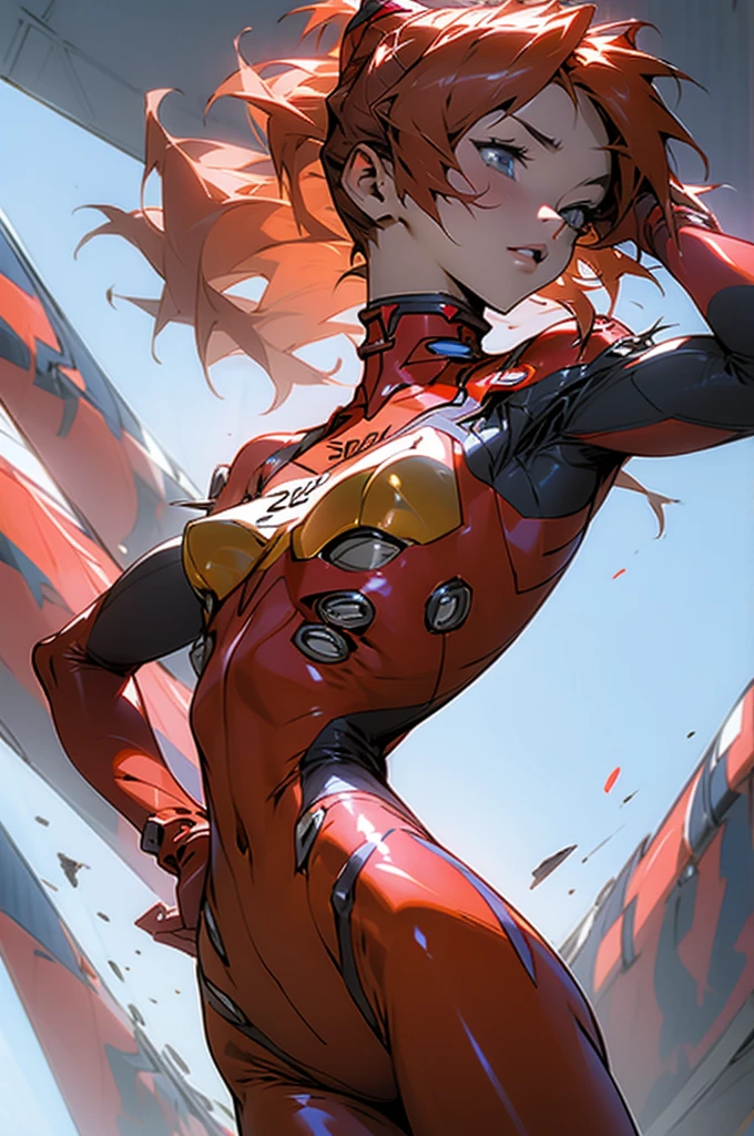 Soryu Asuka Langley, (full body), (((torn clothes))), (Red plug suit), (Ultra-high definition CG, 4k, 8k, Ultra-high definition CG, Expressive and Captivating Eyes, Fine Details and Realistic Textures), Nubra, Wind, belly button
