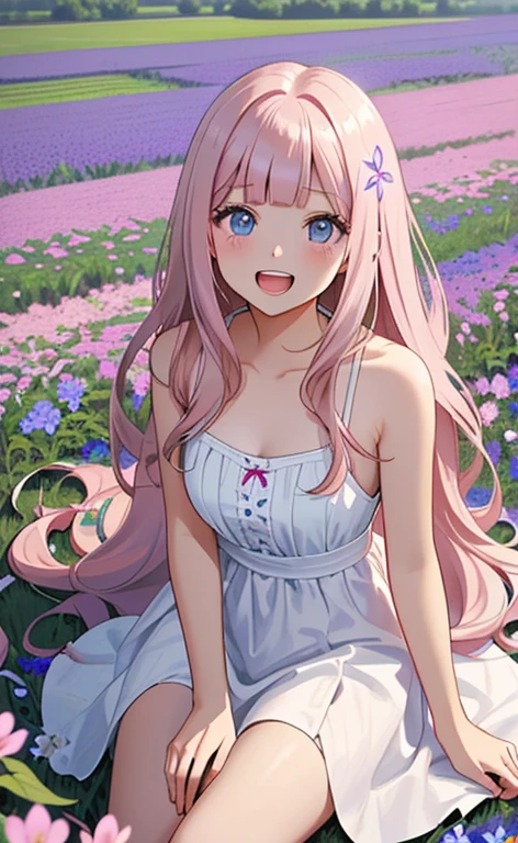 (masterpiece:1.4、top-quality、illustration:,realistic、)、(character focus、,cowboy shot:1.3)、(1girl),(very loud laugh,Open mouth:1.3),(),cute face,blue eyes、(tareme:1.3)、(from above),
(lying in a flower field:1.4),(sitting、wariza:1.4)、(),、
(pink blonde hair),(very long hair:1.5)、
,(Flower Field:1.3、),(white camisole dress:1.5),
(blunt bangs),(volumey,sidelocks,wavy hair:1.3), (small breasts)、
、slender、