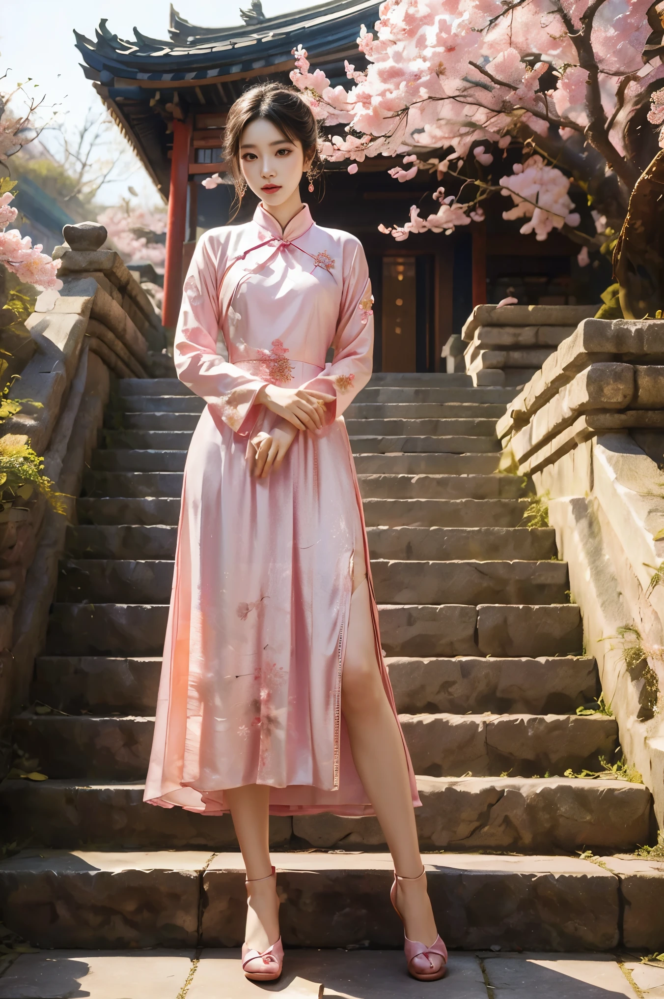 Girl wearing pink antique long cheongsam，Turn your head 45 degrees to the left，Direct vision，Very delicate face，Body slightly tilted to the right，Hands together，Black curly hair，Style reference: Sword King 3，folk-custom，Ancient style classical style，Beauty Mage，The background is a split-level loft，Cherry blossoms blooming next to，Stone floor underfoot，Behind is the stone steps，Design and costumes from Honor of Kings Zhen Ji&#39;s Garden Dream，Inspiration: Song Maojin，Elegant Numbers，Beautiful full body concept art，Beautiful digital artwork，Flowing cherry blossom silk, Chen Lin, Rob Ray and Kentaro Miura style, inspired by Fenghua Zhong, by Qu Leilei, by Lengmei, by Li Song