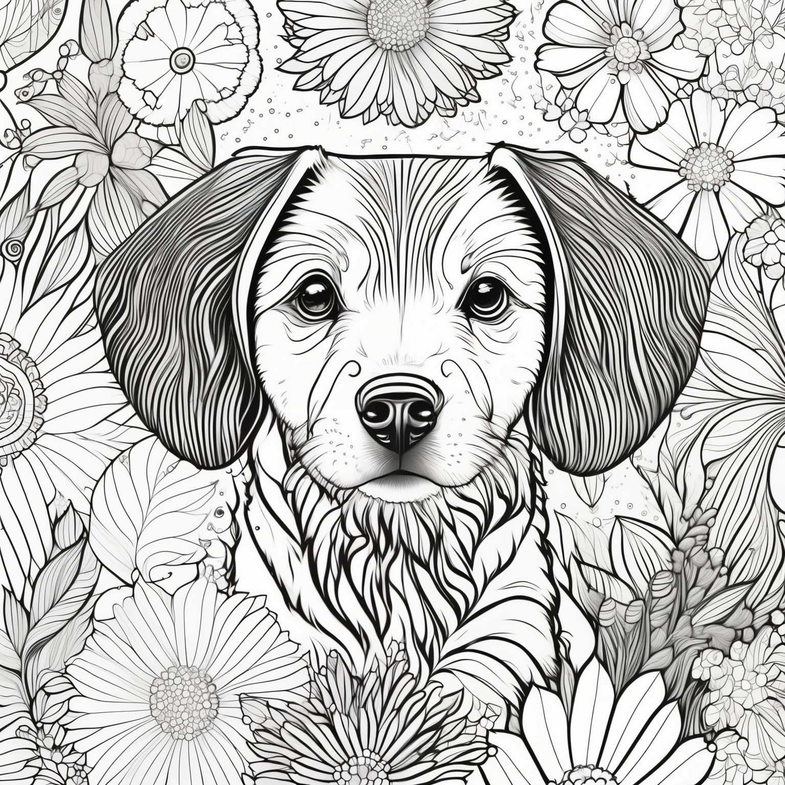 "(best quality,4k,8k,highres,masterpiece:1.2),ultra-detailed,(realistic,photorealistic,photo-realistic:1.37), cute Dog, playful expression, expressive eyes, fluffy fur, adorable, in a sitting pose, surrounded by colorful flowers, serene atmosphere, Mandala style pattern on the fur, intricate and decorative, white background with soft gradients, black and white color palette, delicate and thin lines, intricate floral motifs, intricate geometric designs, mindful coloring book page for adults, peaceful and calming vibes, reminiscent of a meditative experience.+"