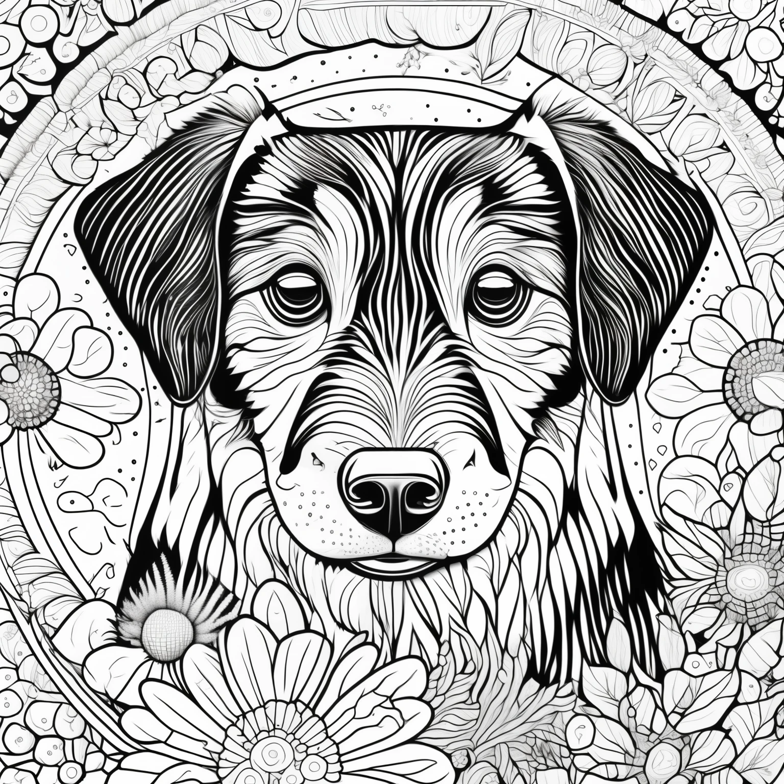 "(best quality,4k,8k,highres,masterpiece:1.2),ultra-detailed,(realistic,photorealistic,photo-realistic:1.37), cute Dog, playful expression, expressive eyes, fluffy fur, adorable, in a sitting pose, surrounded by colorful flowers, serene atmosphere, Mandala style pattern on the fur, intricate and decorative, white background with soft gradients, black and white color palette, delicate and thin lines, intricate floral motifs, intricate geometric designs, mindful coloring book page for adults, peaceful and calming vibes, reminiscent of a meditative experience.+"