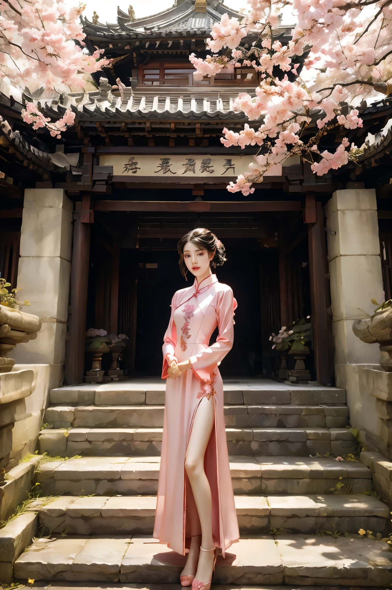 Girl wearing pink antique long cheongsam，Turn your head 45 degrees to the left，Direct vision，Very delicate face，Body slightly tilted to the right，Hands together，Black curly hair，Style reference: Sword King 3，folk-custom，Ancient style classical style，Beauty Mage，The background is a split-level loft，Cherry blossoms blooming next to，Stone floor underfoot，Behind is the stone steps，Design and costumes from Honor of Kings Zhen Ji&#39;s Garden Dream，Inspiration: Song Maojin，Elegant Numbers，Beautiful full body concept art，Beautiful digital artwork，Flowing cherry blossom silk, Chen Lin, Rob Ray and Kentaro Miura style, inspired by Fenghua Zhong, by Qu Leilei, by Lengmei, by Li Song