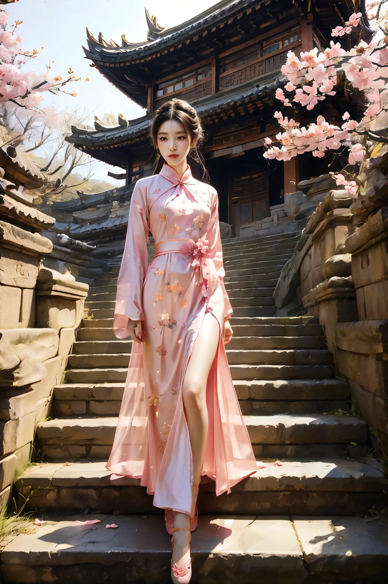 Girl wearing pink antique long cheongsam，Turn your head 45 degrees to the left，Direct vision，Very delicate face，Body slightly tilted to the right，Hands together，Black curly hair，Style reference: Sword King 3，folk-custom，Ancient style classical style，Beauty Mage，The background is a split-level loft，Cherry blossoms blooming next to，Stone floor underfoot，Behind is the stone steps，Design and costumes from Honor of Kings Zhen Ji&#39;s Garden Dream，Inspiration: Song Maojin，Elegant Numbers，Beautiful full body concept art，Beautiful digital artwork，Flowing cherry blossom silk, Chen Lin, Rob Ray and Kentaro Miura style, inspired by Fenghua Zhong, by Qu Leilei, by Lengmei, by Li Song