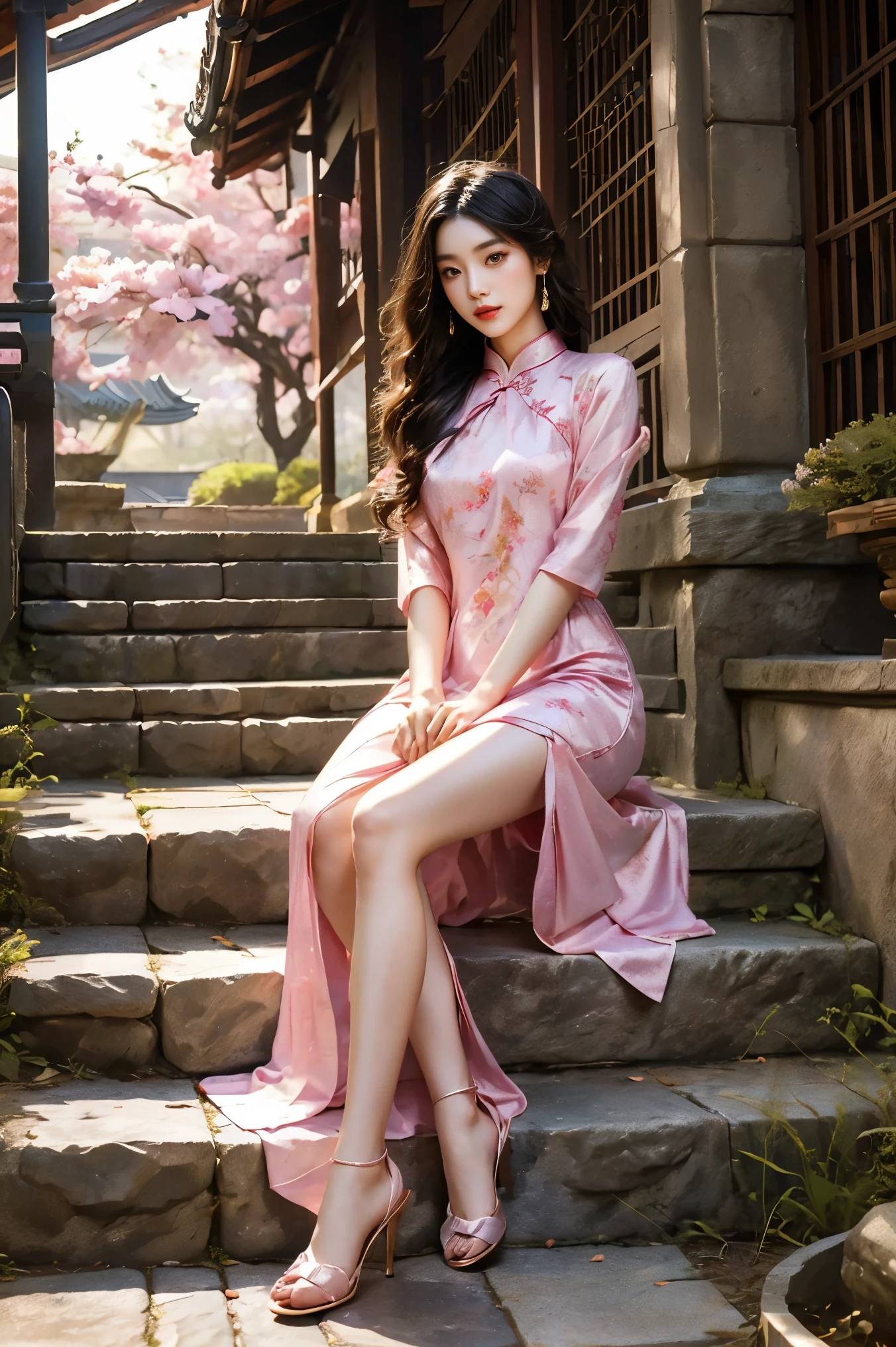 Girl wearing pink antique long cheongsam，Turn your head 45 degrees to the left，Direct vision，Very delicate face，Body slightly tilted to the right，Hands together，Black curly hair，Style reference: Sword King 3，folk-custom，Ancient style classical style，Beauty Mage，The background is a split-level loft，Cherry blossoms blooming next to，Stone floor underfoot，Behind is the stone steps，Design and costumes from Honor of Kings Zhen Ji&#39;s Garden Dream，Inspiration: Song Maojin，Elegant Numbers，Beautiful full body concept art，Beautiful digital artwork，Flowing cherry blossom silk, Chen Lin, Rob Ray and Kentaro Miura style, inspired by Fenghua Zhong, by Qu Leilei, by Lengmei, by Li Song