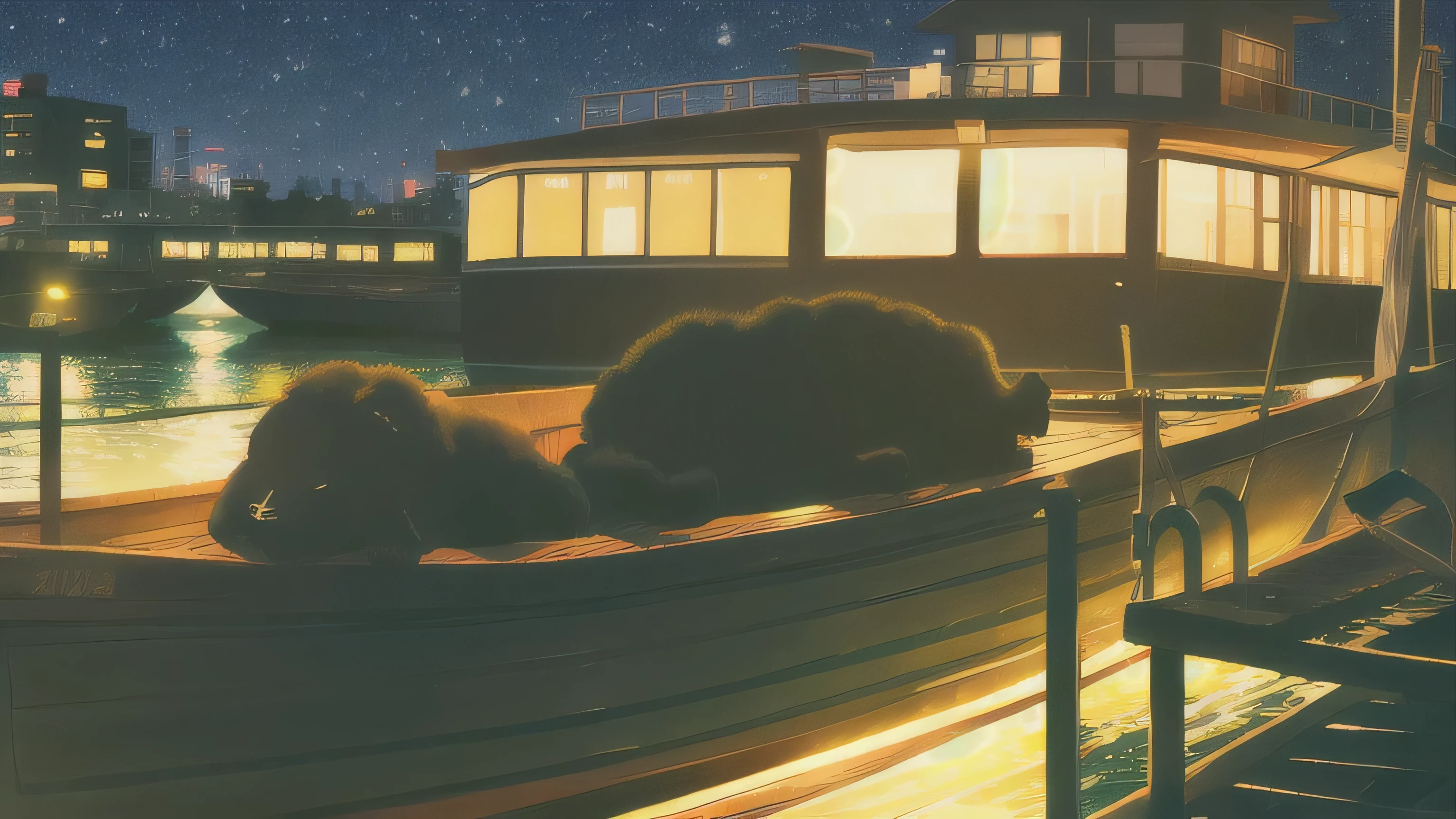 Bright city at night、A black sheep sleeping on a boat on the river