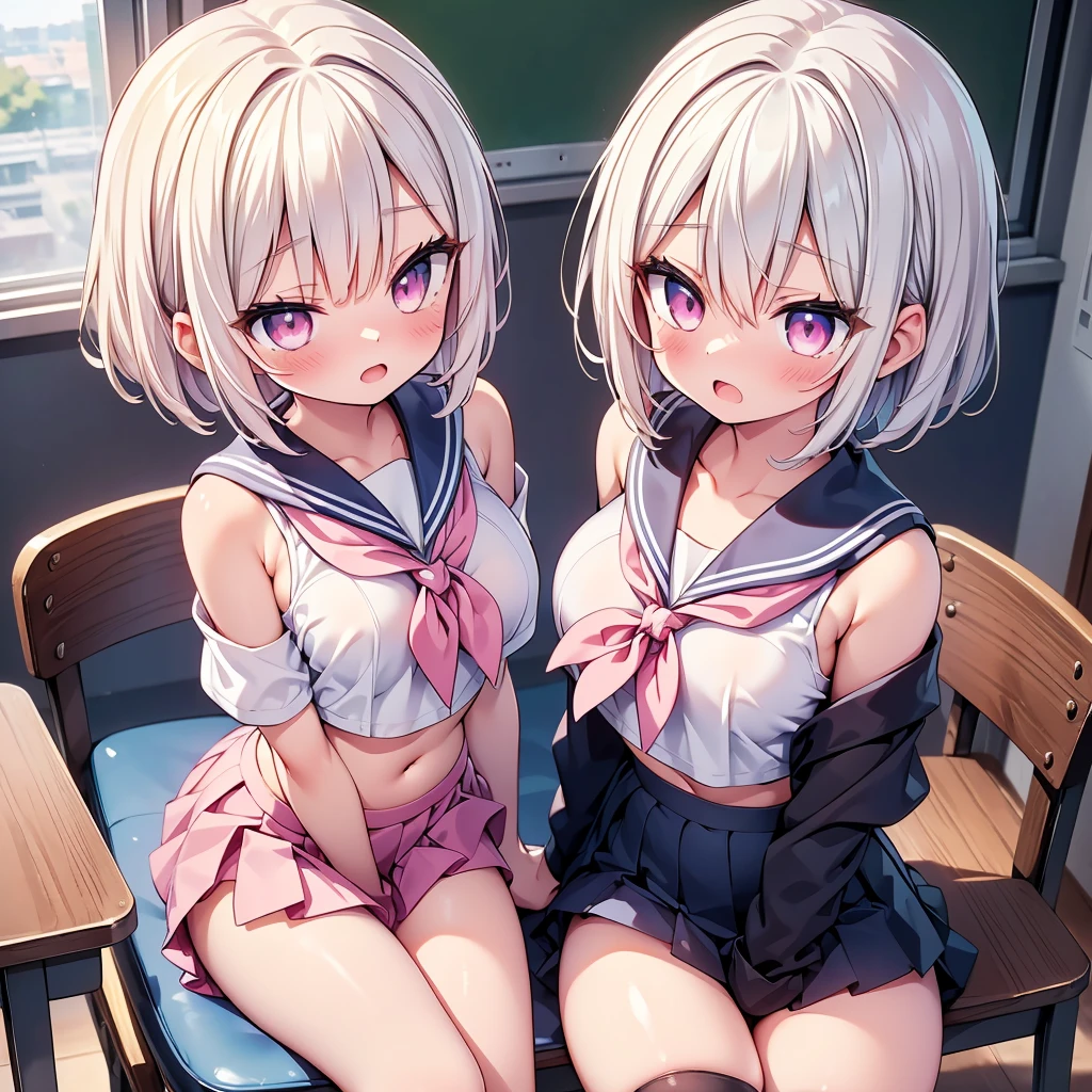 (cute eyes:1.2), (sparkling eyes:1.2), (8K、Best image quality、highest quality、masterpiece)、Detailed face、(2 girls)、Improve、 (white hair, small eyes, pink eyes, short hair, straight hair, nekomimi)、(open mouth), (embarrassed), (skinny body:1.3),(midium breasts), (shoulder off sailor uniform:1.2), (cleavage), (crop top navel), Sit on a chair, Classroom Background, (black stockings:1.1), (Thighs:1.1), (Waistline:1.1),(close-up shot of bust), (from above:1.2)