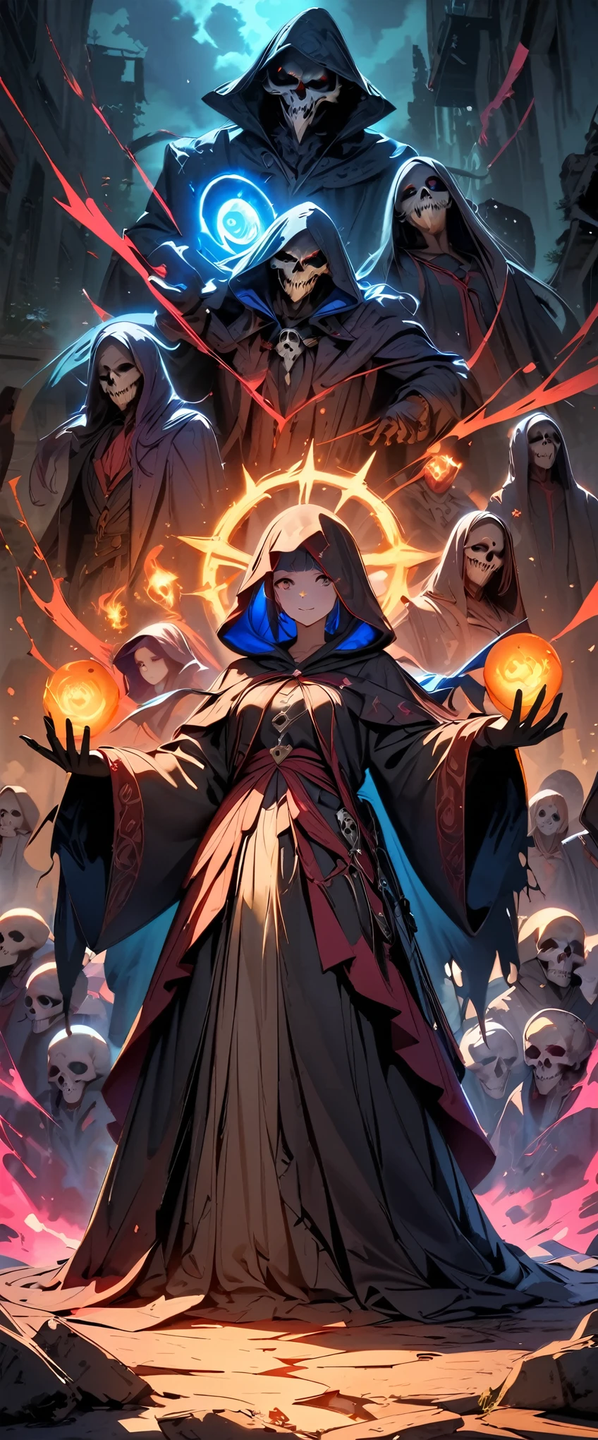 (highest quality:1.2, Very detailed, Latest, Vibrant, Ultra-high resolution, High Contrast, masterpiece:1.2, highest quality, Best aesthetics), (Small face), (Clear Skin:1.2), Elder Lich, Arcane Magic, Skull Magician, Horror, Fantasy, Dark atmosphere, Detailed skull, Long bone fingers, Shining Eyes, The presence of demons, Mysterious Shadow, Ancient scrolls, Spells and spells, Dark Robe, Ominous Aura, Twisted reality, Mystical symbols, magical energy, Ghost background, etheric light, Malicious smile, Spooky atmosphere, Otherworldly Dimensions, Spooky Powers, black magic, Satanic Ritual, Forbidden Knowledge, Hauntingly beautiful art, Nightmare Visions, Cruel and eerie, Staring back at the abyss, Unleash Chaos, Eternal Darkness, Whispers from the unknown..