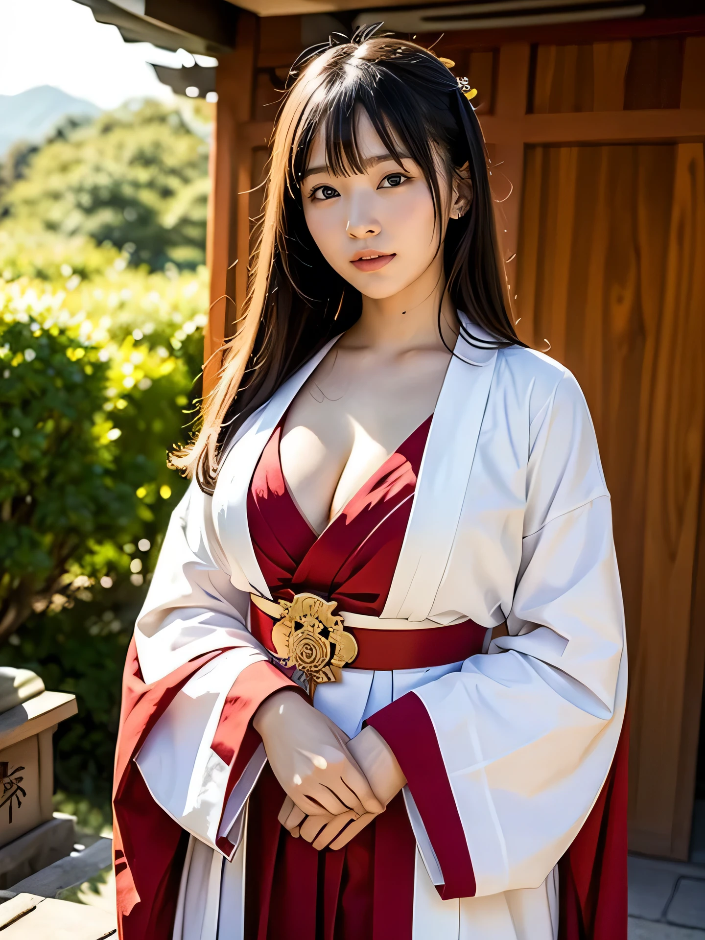 shrine maiden、Crimson too、Shrine maiden attire、ceremony、shrine、within the territory、Long Hair、beautiful girl、Clear Skin、Oracle、The chest is slightly open、cowboy shot,