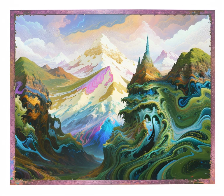 Close-up of a painting of a mountain against the sky, complex digital painting, Psychedelic clouds, Psychedelic surrealist art, Surreal psychedelic design, Highly detailed 4k digital art, Psychedelic Digital Art, Psychedelic illustration, Psychedelic art style, psychedelic work of art, detailed dream landscape, Fractal landscape, Psychedelic landscape, elaborate digital art, Sophisticated Digital Art, bizarre and psychedelic