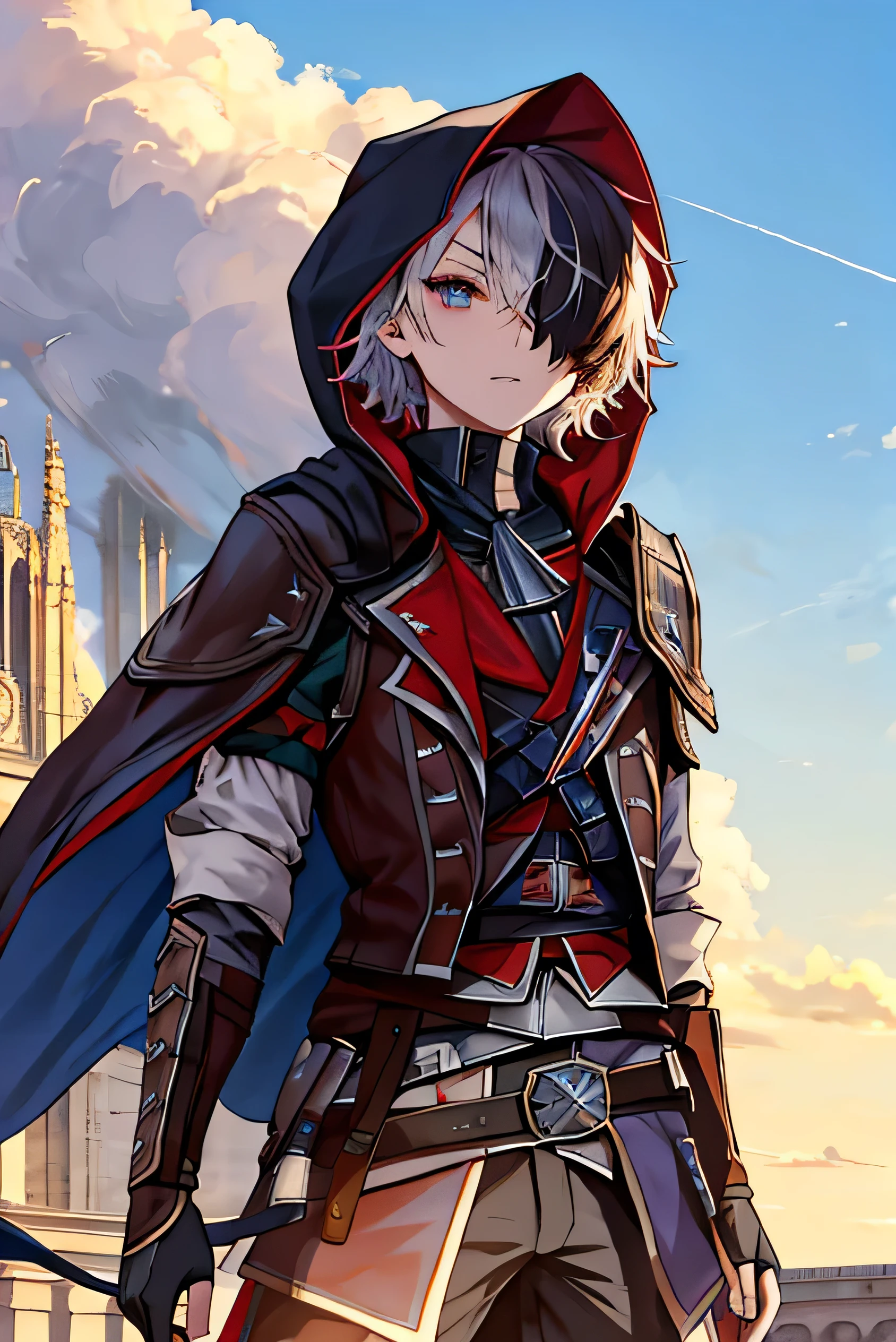 Shota, Rogue, Assassins Creed, great revolution, middle Ages, riot, uprising, Stand on the roof, French Revolution, Stand on the roof, 18th Century Paris, France, Paris, France, thief, Rogue, streaked hair, short hair, hair over one eye, hood, whistle around neck, hood up, elbow pads, gradient eyes, UHD, retina, masterpiece, ccurate, anatomically correct, textured skin, super detail, high details, high quality, award winning, best quality, highres