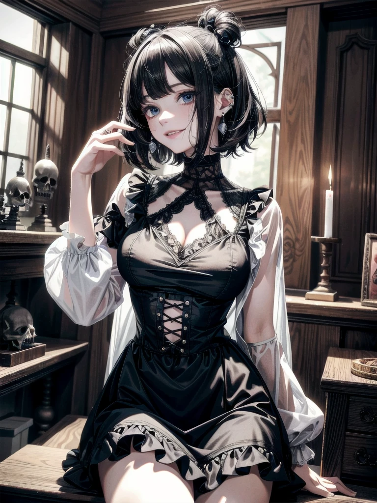 whole body, (inside basement), skirt, shirt, long sleeves, frills, evil grin, creepy, (candles), hair ornament, skeleton dolls, tapestry, horror theme, absurdres, RAW photo, extremely delicate and beautiful, masterpiece, Best Quality, ultra high resolution, 32k, hyperrealistic, ultra-detailed, detailed description, pale skin, 20 years old, tearful mole, earring, Colossal tits, short medium hair, wavy hair,