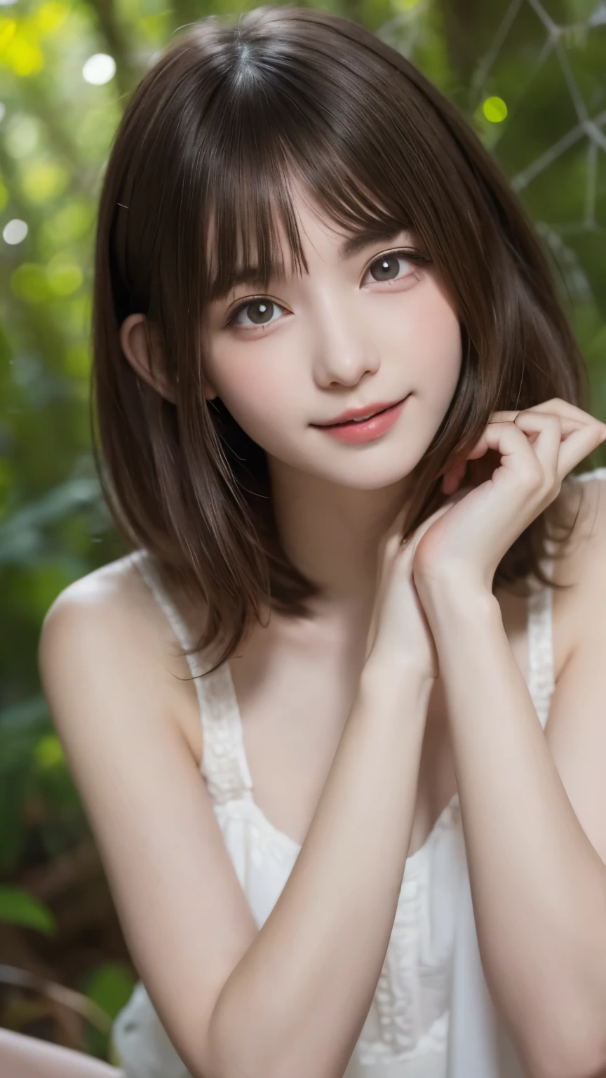 big eyes,shy smile, girl caught in a spider web,high-res,best quality,realistic,extremely detailed,fearful expression,pale white skin,dark hair,delicate features,beautiful detailed eyes,beautiful detailed lips,long lashes,spider web pattern covering her body,forest background,dappled sunlight,soft and warm lighting,contrasting colors,spooky atmosphere.portrait
