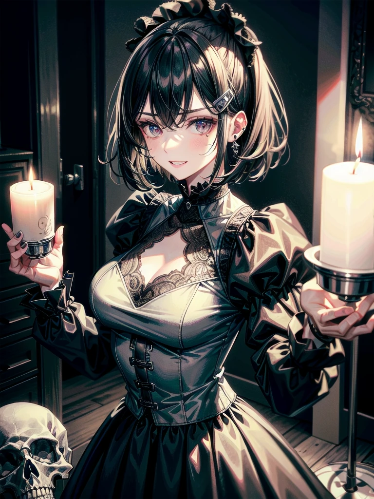 whole body, (inside basement), skirt, shirt, long sleeves, frills, evil grin, creepy, (candles), hair ornament, skeleton dolls, tapestry, horror theme, absurdres, RAW photo, extremely delicate and beautiful, masterpiece, Best Quality, ultra high resolution, 32k, hyperrealistic, ultra-detailed, detailed description, pale skin, 20 years old, tearful mole, earring, Colossal tits, short medium hair, wavy hair,